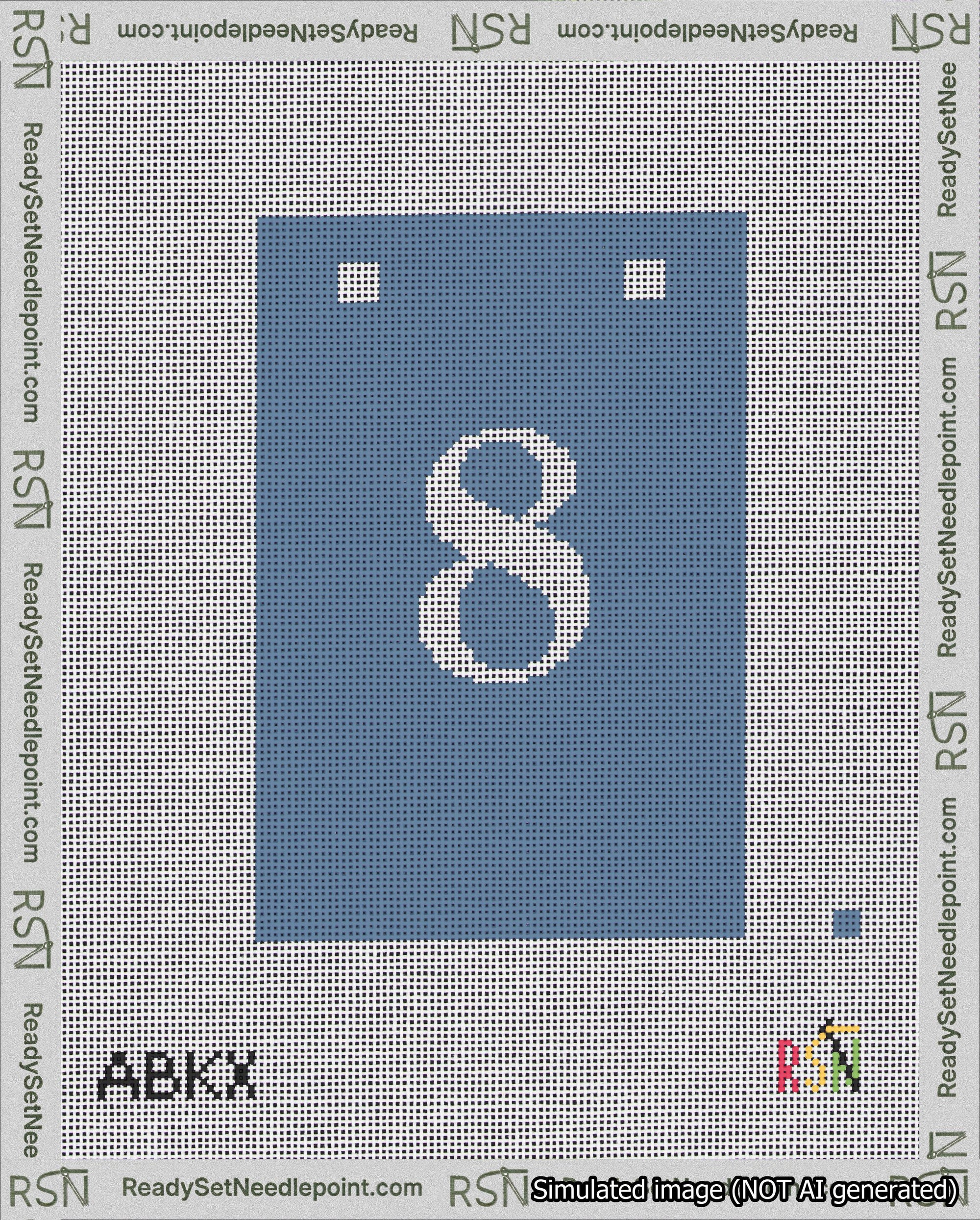 A taped needlepoint canvas with the design: Banner 18 mesh count Squared 8 White on Blue.
