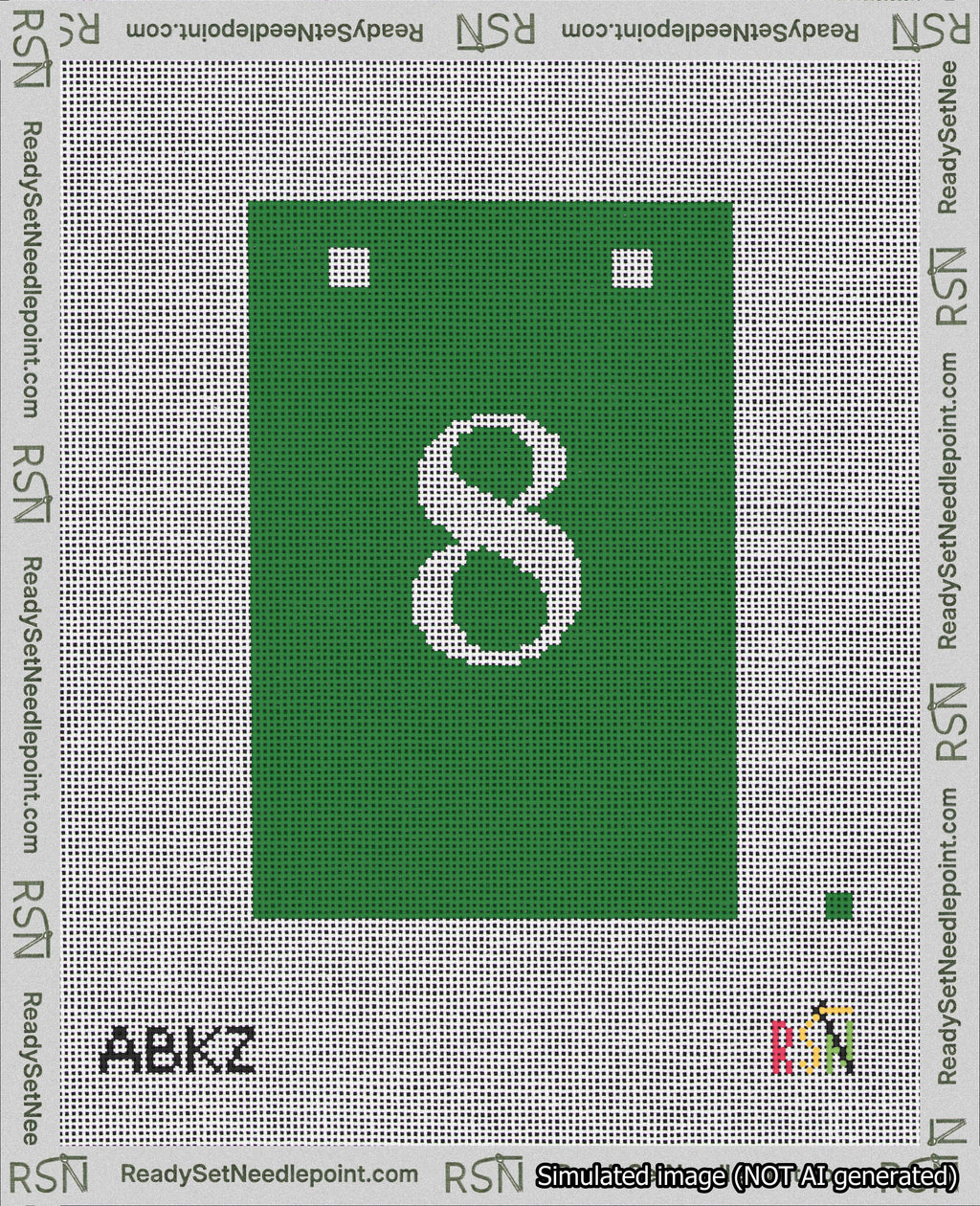 A taped needlepoint canvas with the design: Banner 18 mesh count Squared 8 White on Green.