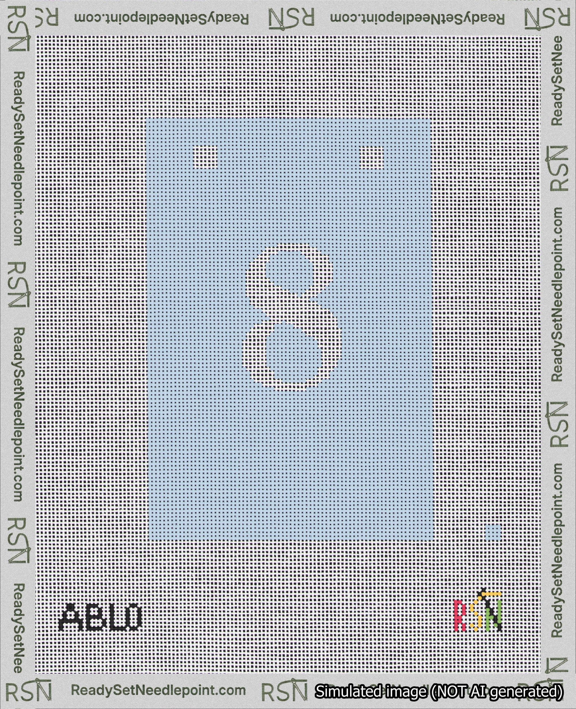 A taped needlepoint canvas with the design: Banner 18 mesh count Squared 8 White on Light Blue.