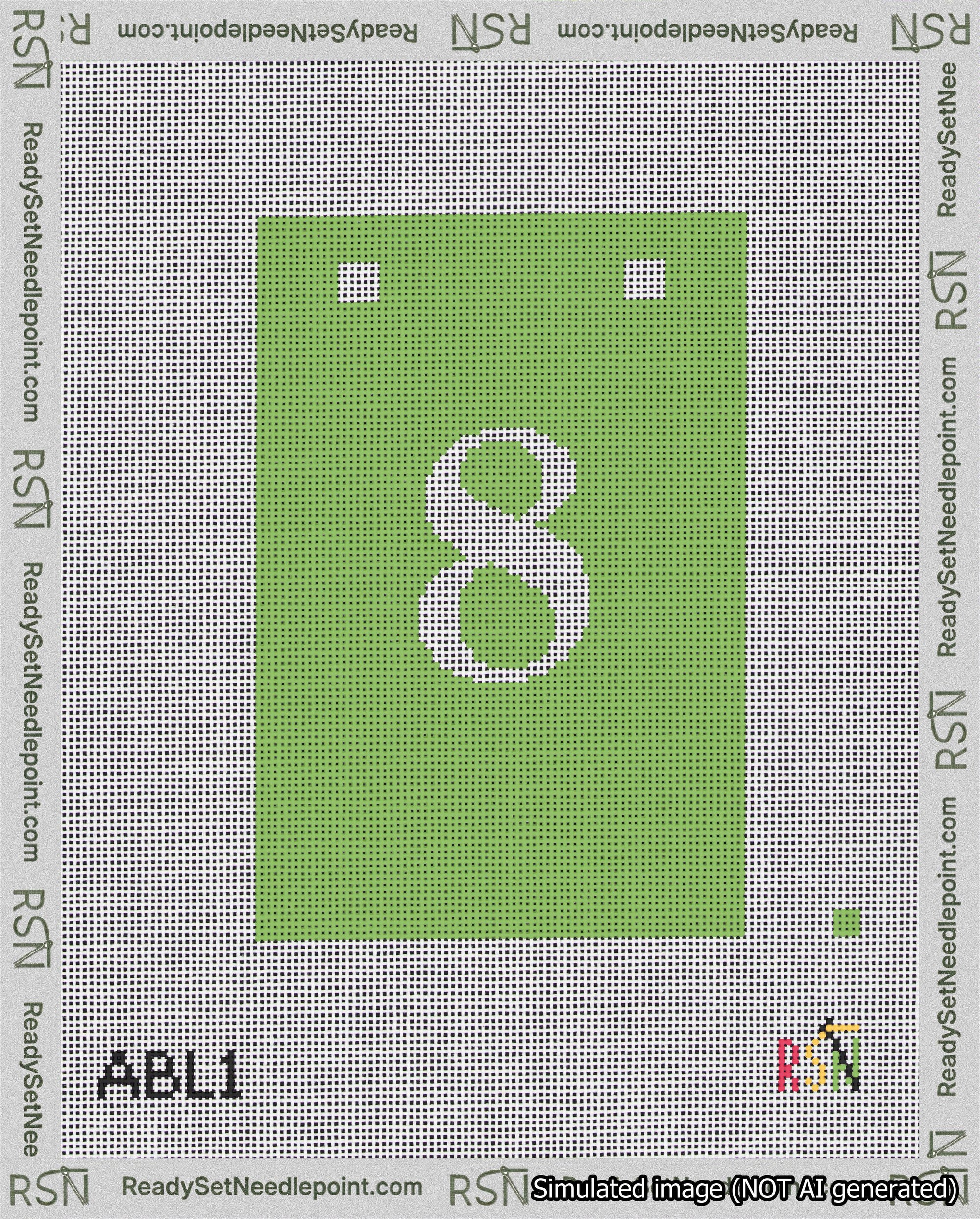 A taped needlepoint canvas with the design: Banner 18 mesh count Squared 8 White on Light Green.