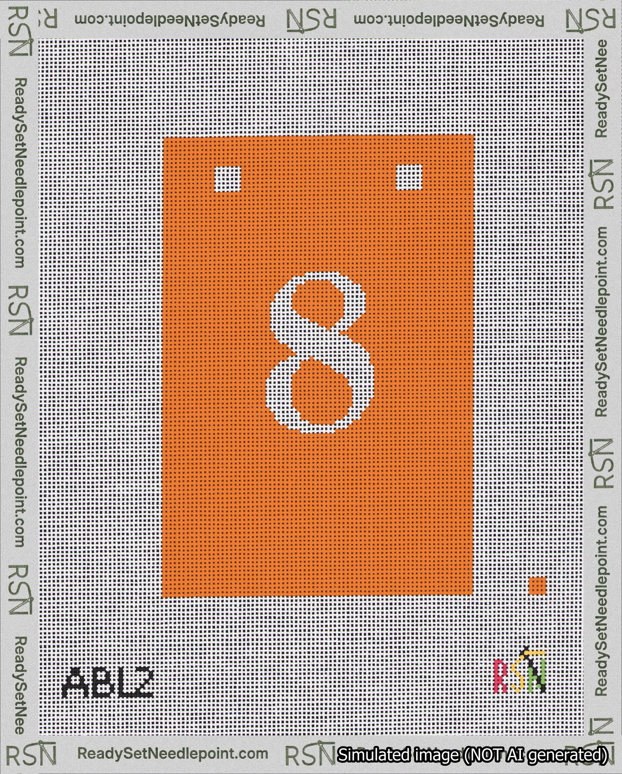 A taped needlepoint canvas with the design: Banner 18 mesh count Squared 8 White on Orange.