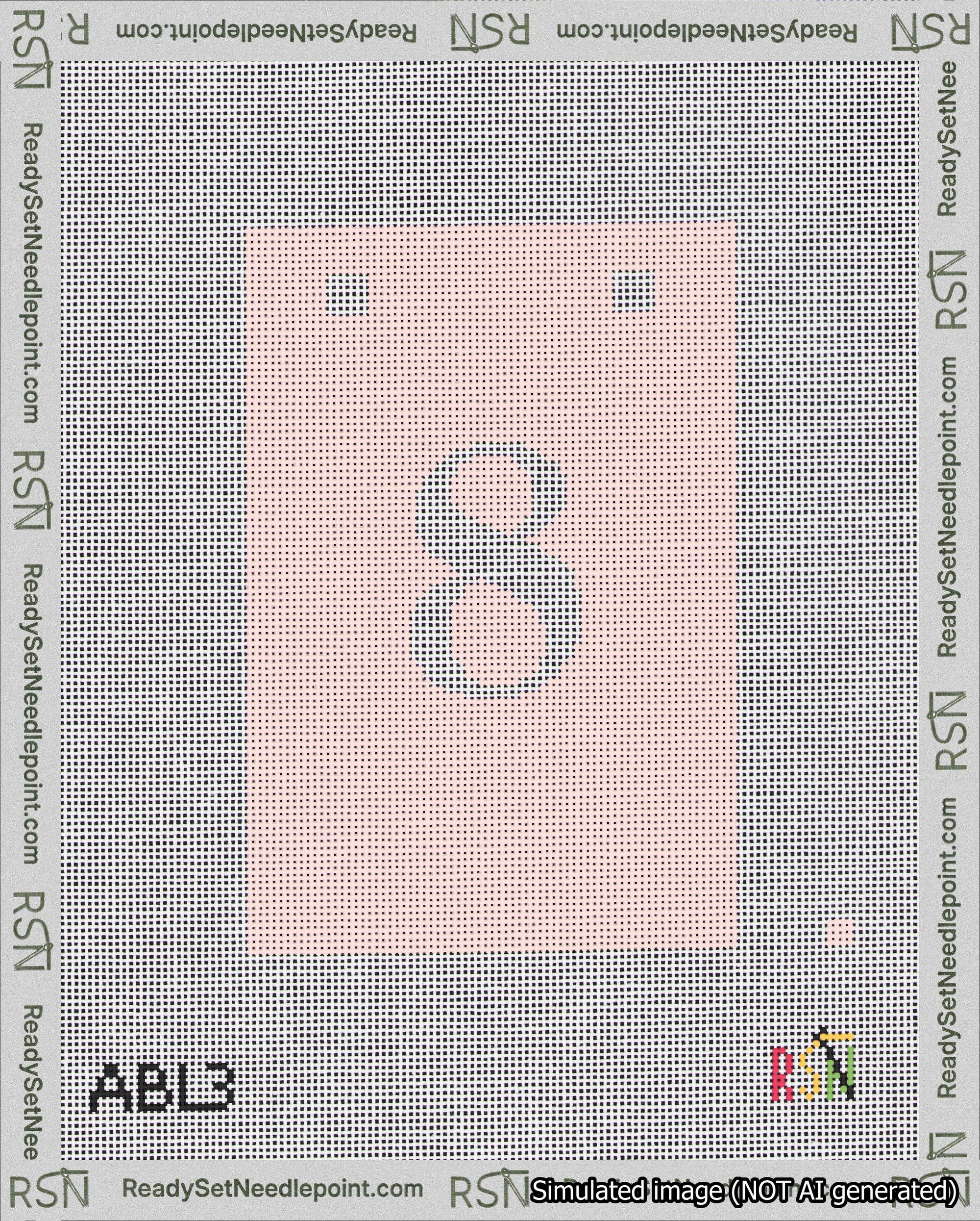 A taped needlepoint canvas with the design: Banner 18 mesh count Squared 8 White on Pink.