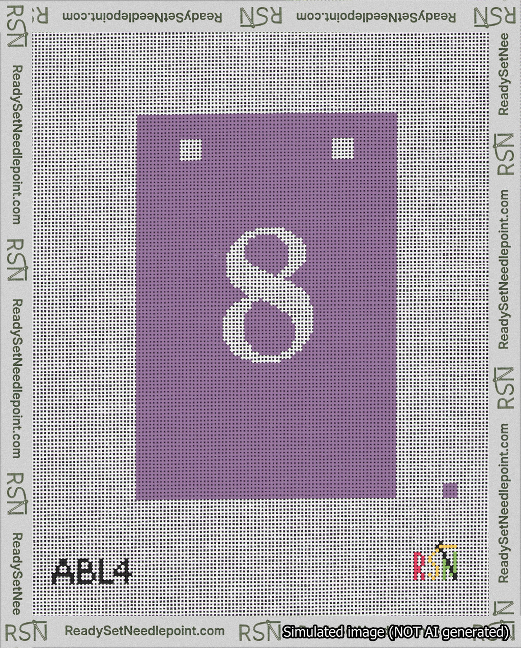A taped needlepoint canvas with the design: Banner 18 mesh count Squared 8 White on Purple.