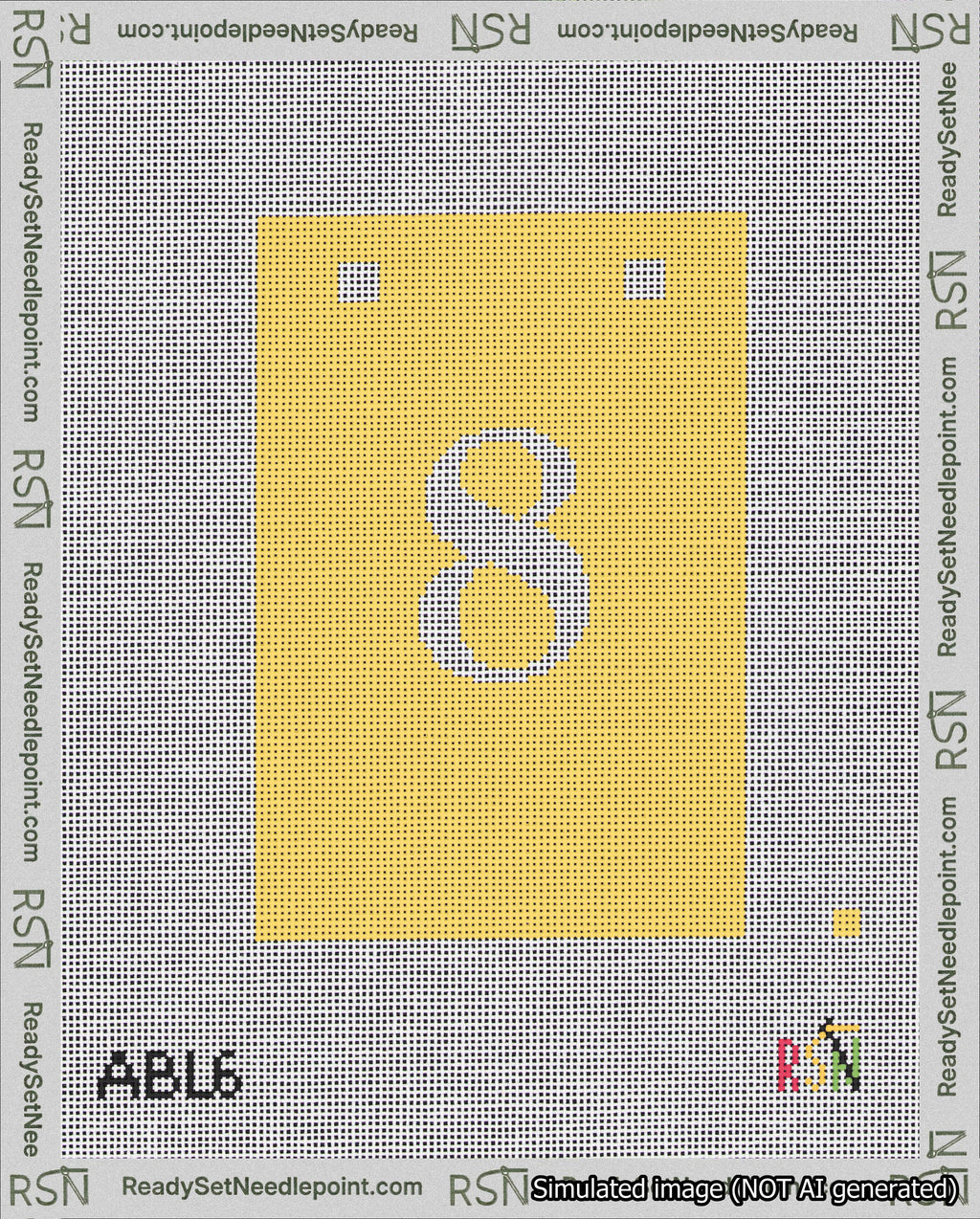 A taped needlepoint canvas with the design: Banner 18 mesh count Squared 8 White on Yellow.