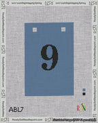 A taped needlepoint canvas with the design: Banner 18 mesh count Squared 9 Black on Blue.