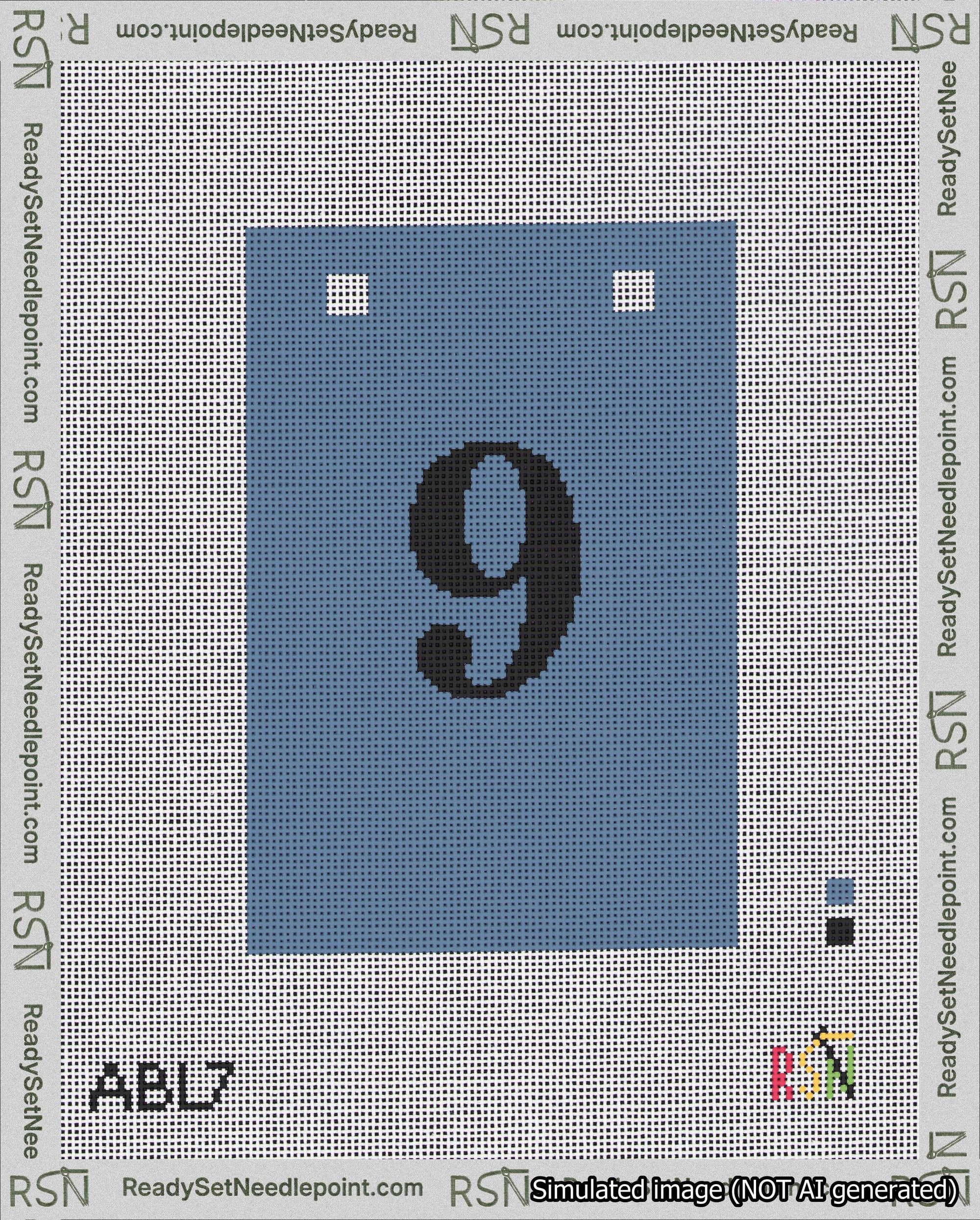 A taped needlepoint canvas with the design: Banner 18 mesh count Squared 9 Black on Blue.