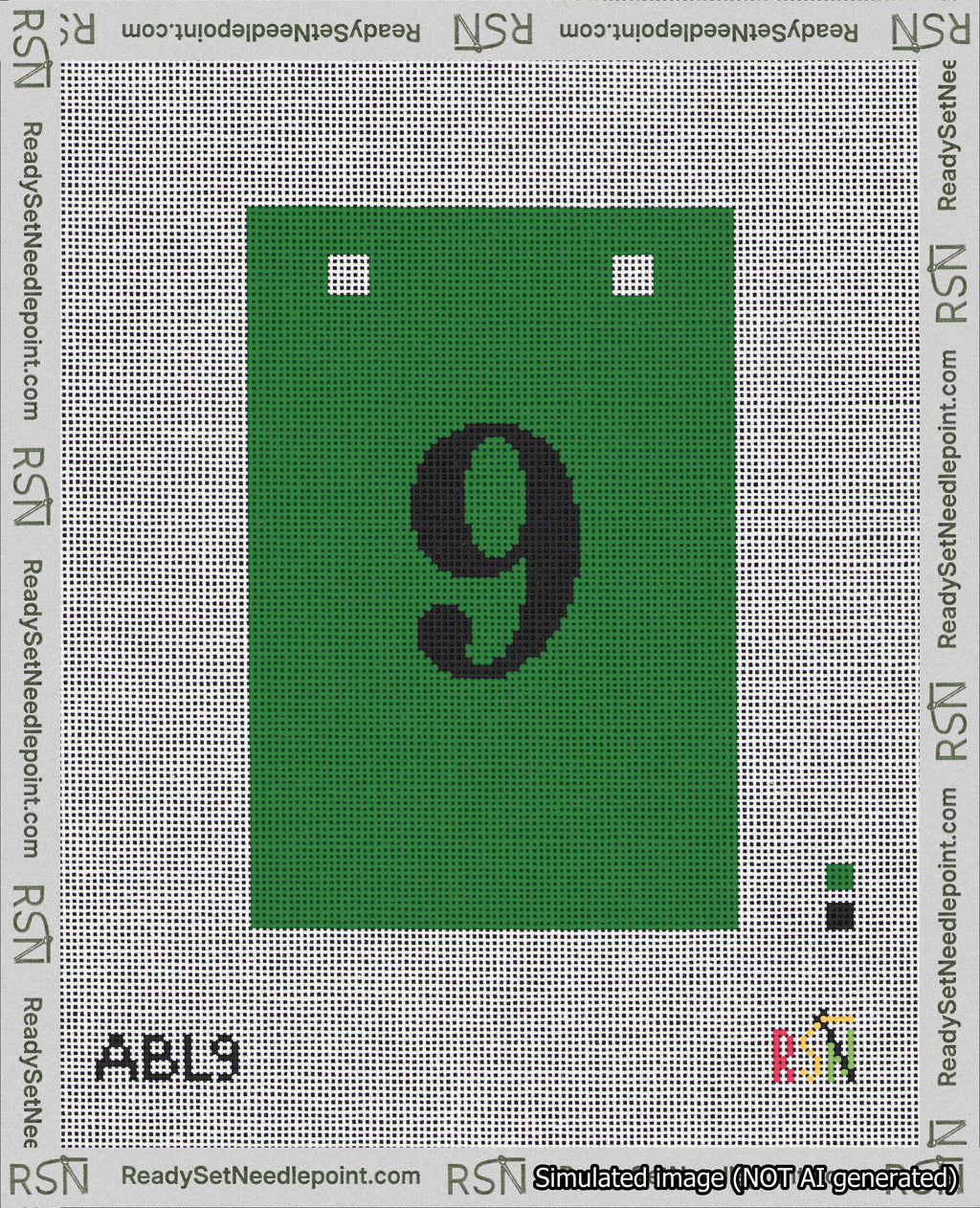 A taped needlepoint canvas with the design: Banner 18 mesh count Squared 9 Black on Green.