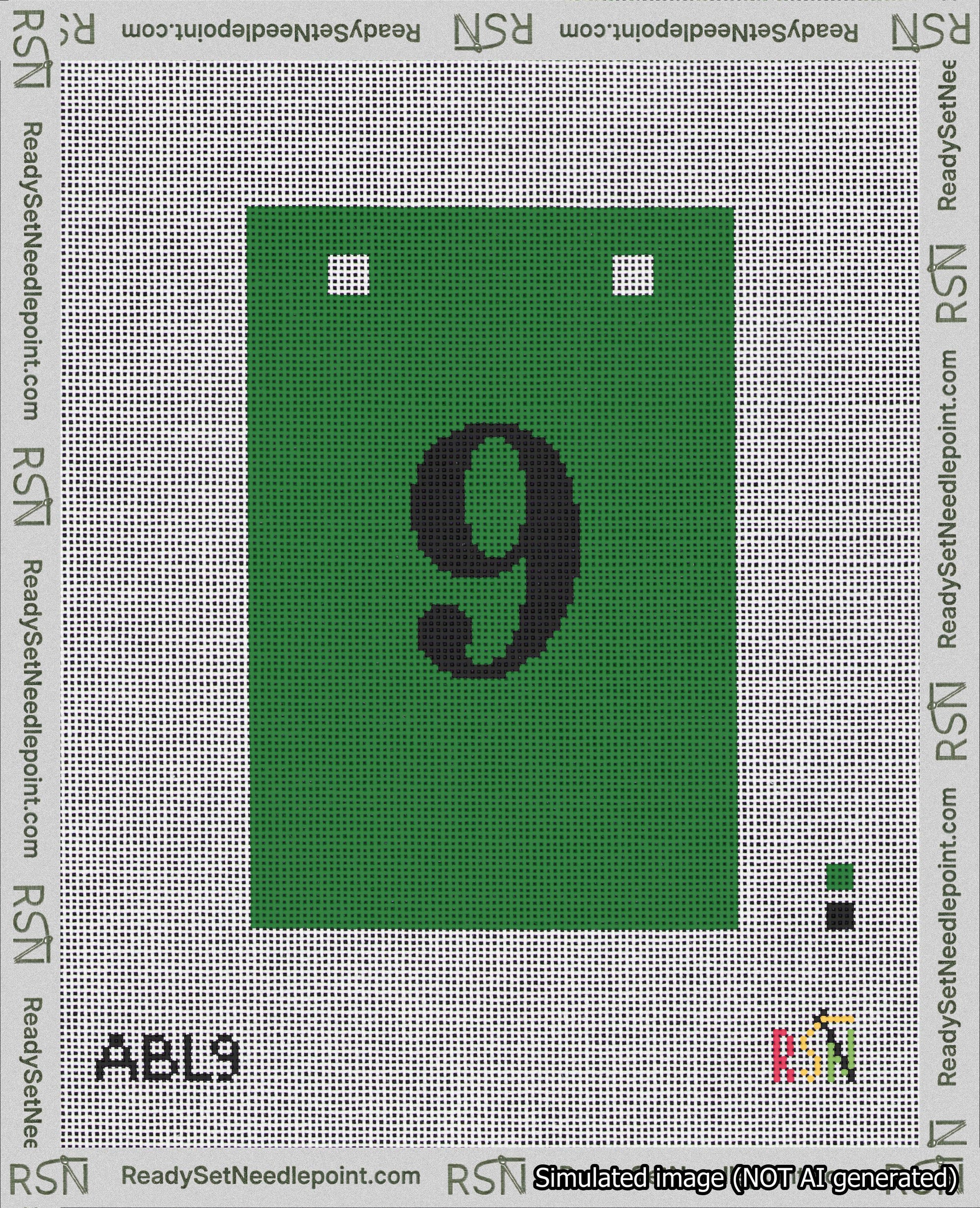 A taped needlepoint canvas with the design: Banner 18 mesh count Squared 9 Black on Green.