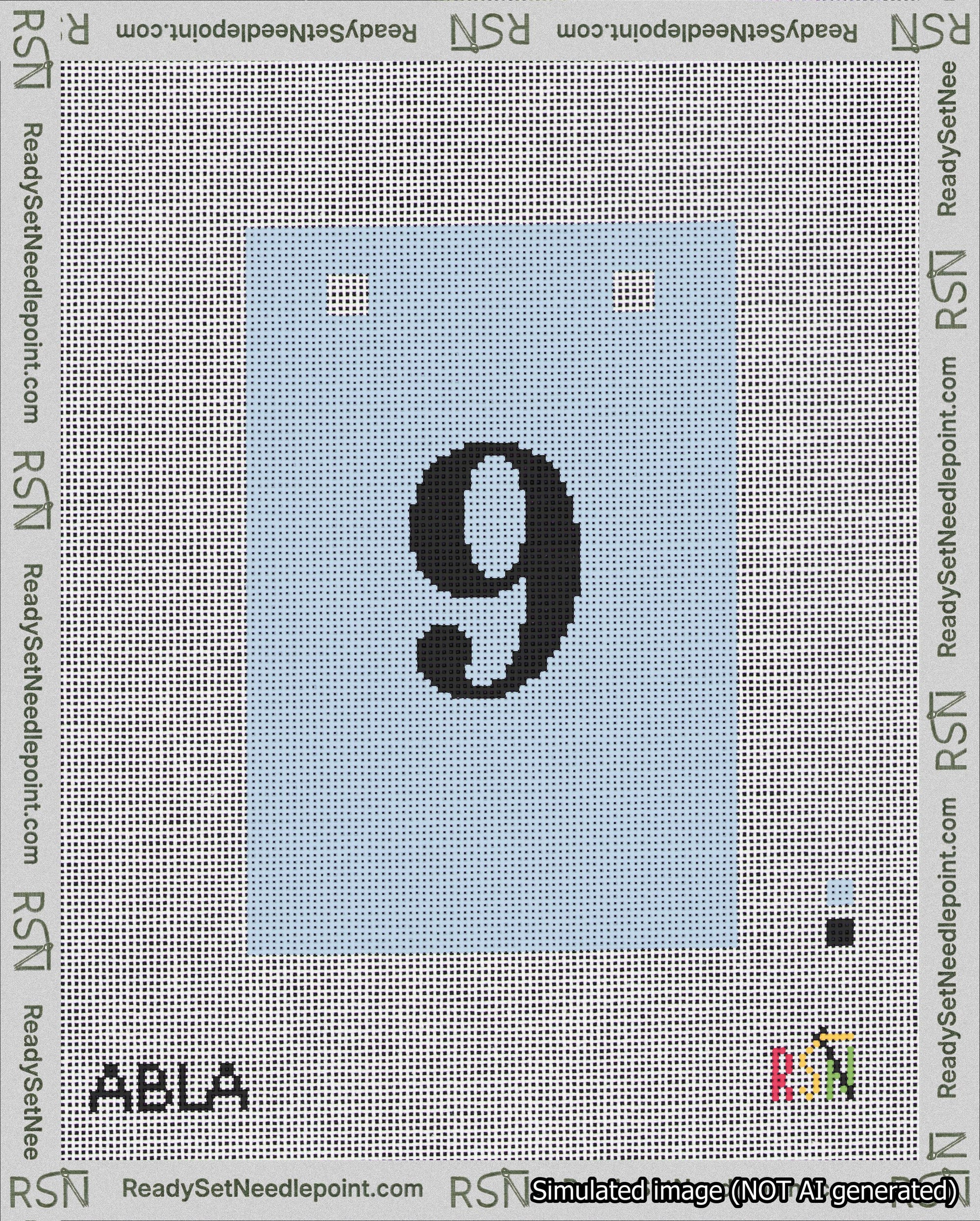 A taped needlepoint canvas with the design: Banner 18 mesh count Squared 9 Black on Light Blue.