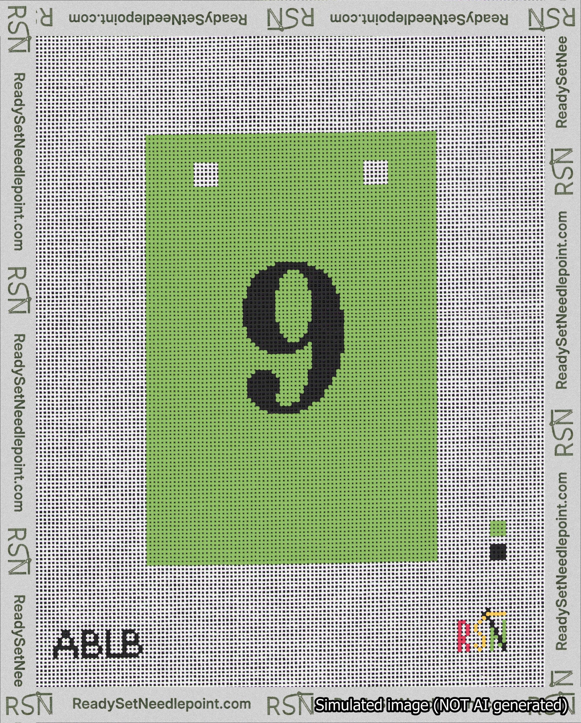 A taped needlepoint canvas with the design: Banner 18 mesh count Squared 9 Black on Light Green.