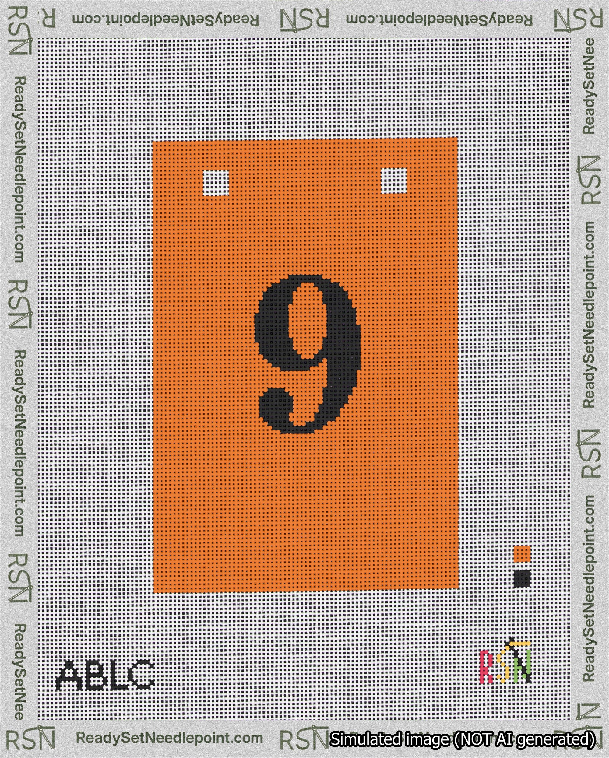 A taped needlepoint canvas with the design: Banner 18 mesh count Squared 9 Black on Orange.
