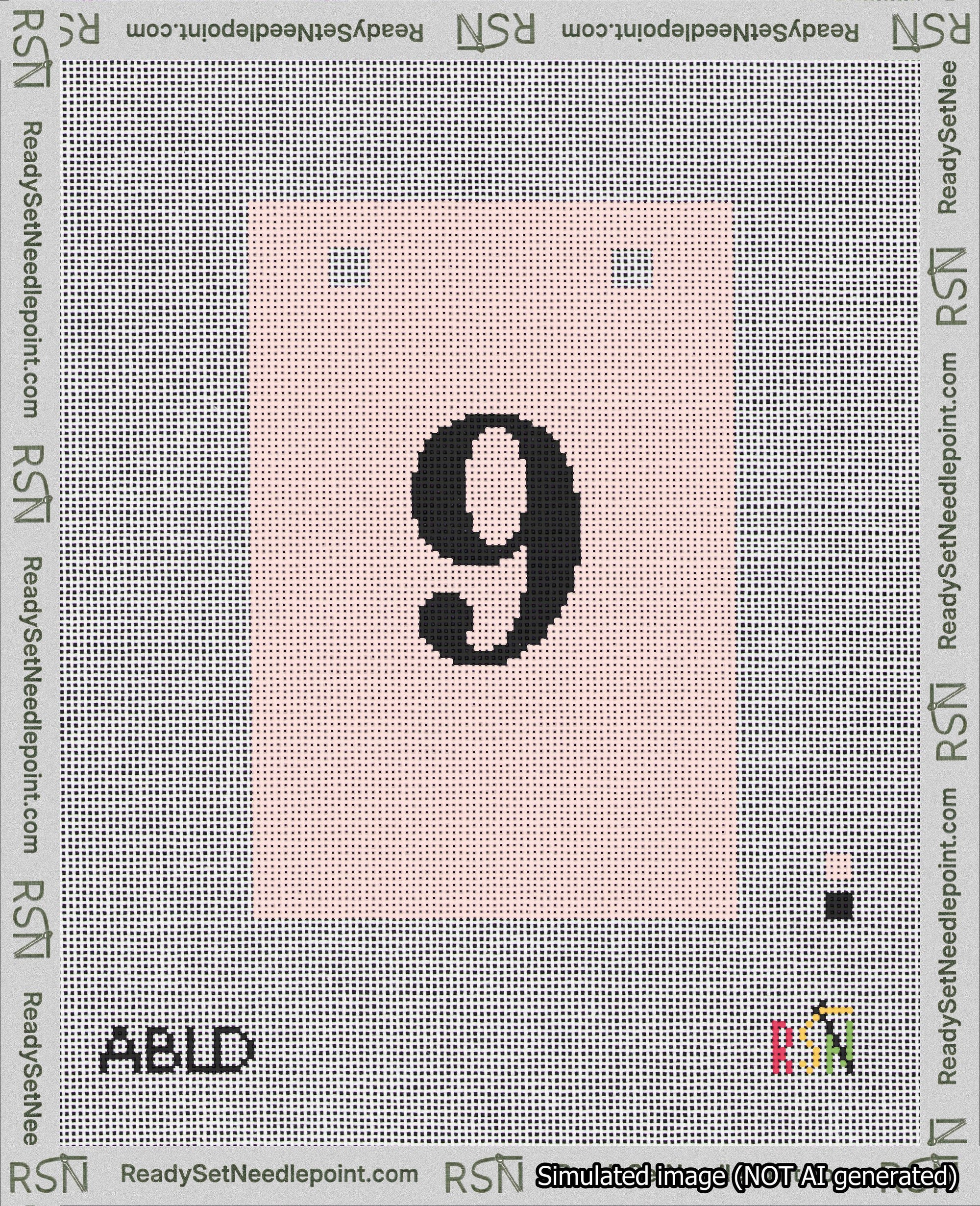 A taped needlepoint canvas with the design: Banner 18 mesh count Squared 9 Black on Pink.