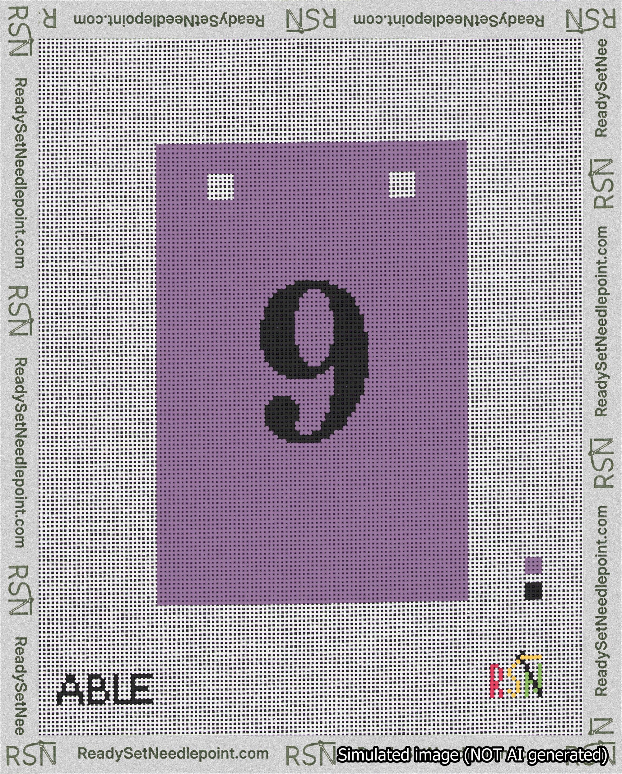 A taped needlepoint canvas with the design: Banner 18 mesh count Squared 9 Black on Purple.