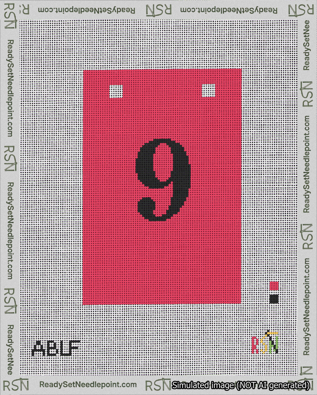 A taped needlepoint canvas with the design: Banner 18 mesh count Squared 9 Black on Red.
