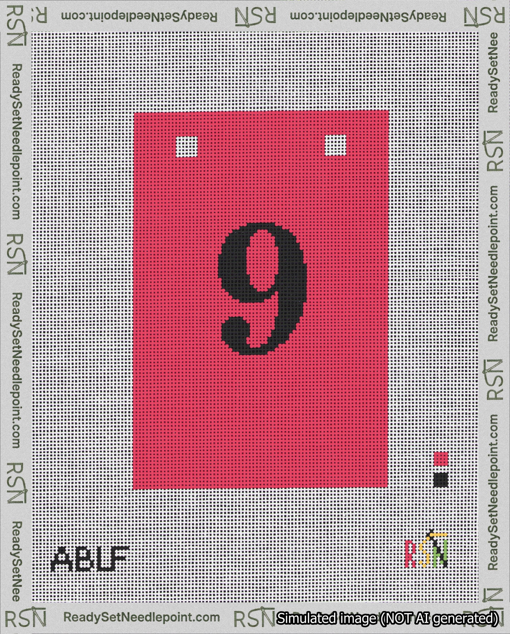 A taped needlepoint canvas with the design: Banner 18 mesh count Squared 9 Black on Red.