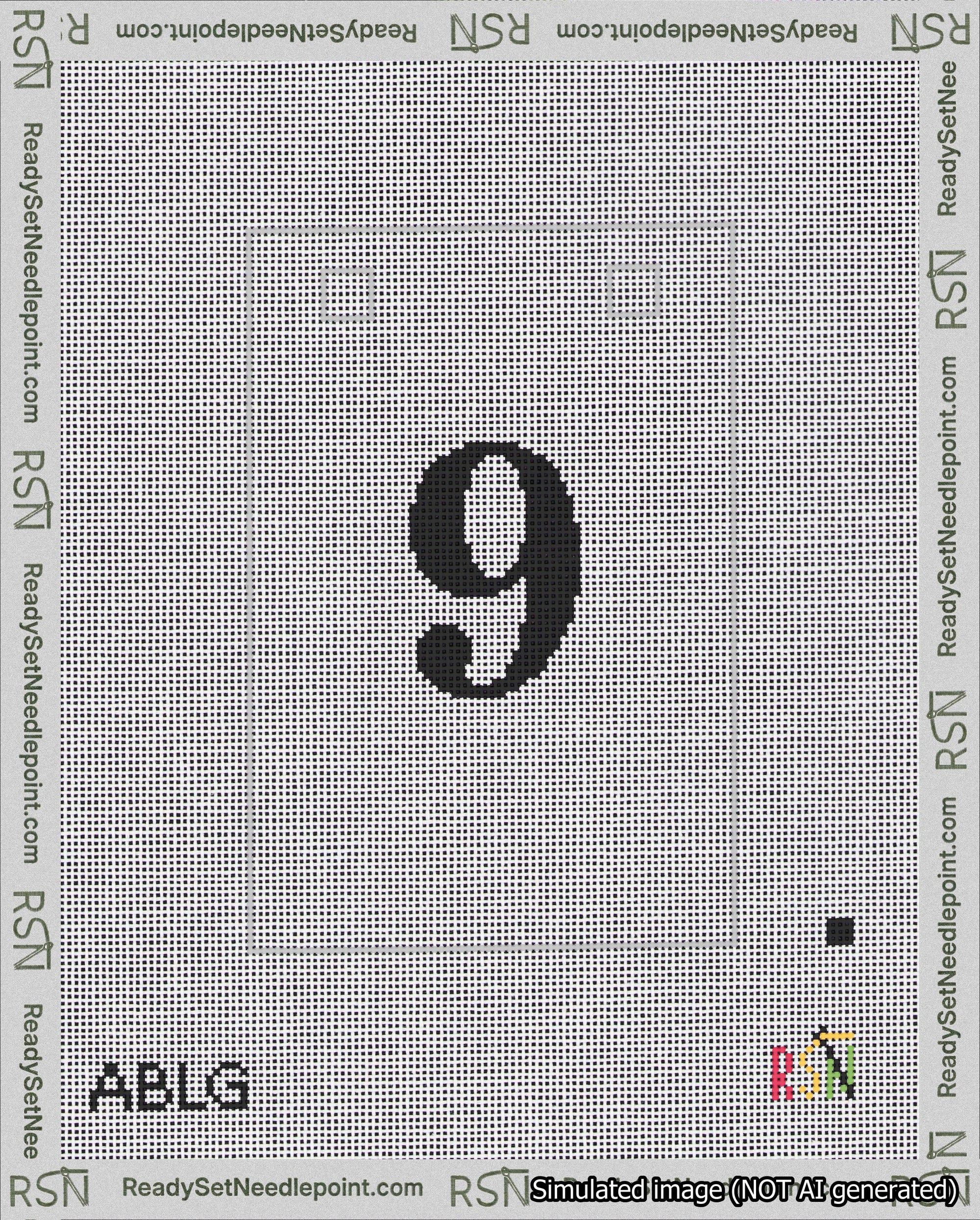 A taped needlepoint canvas with the design: Banner 18 mesh count Squared 9 Black on White.