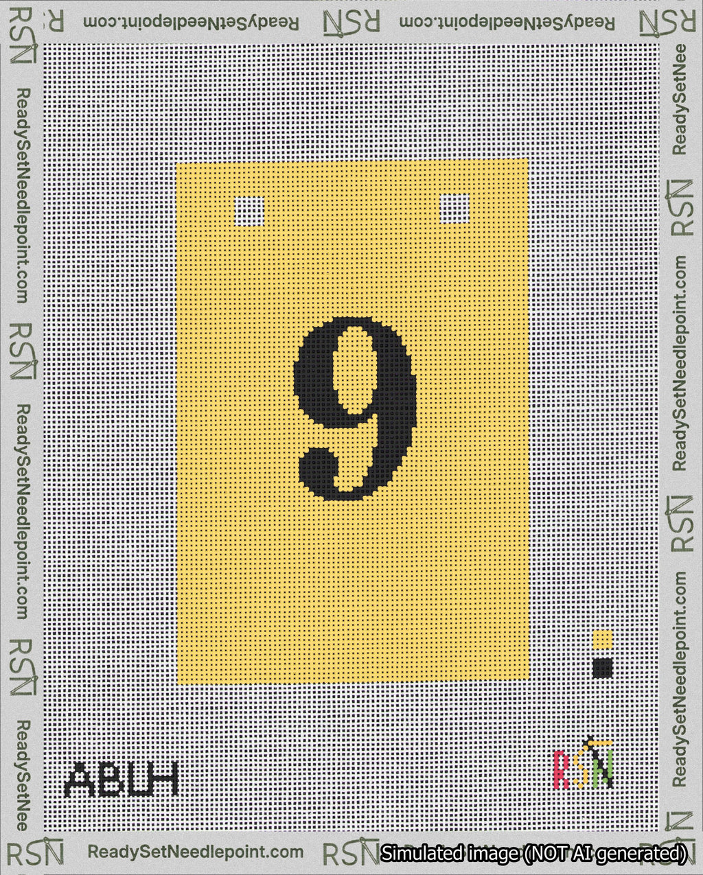 A taped needlepoint canvas with the design: Banner 18 mesh count Squared 9 Black on Yellow.