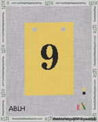 A taped needlepoint canvas with the design: Banner 18 mesh count Squared 9 Black on Yellow.