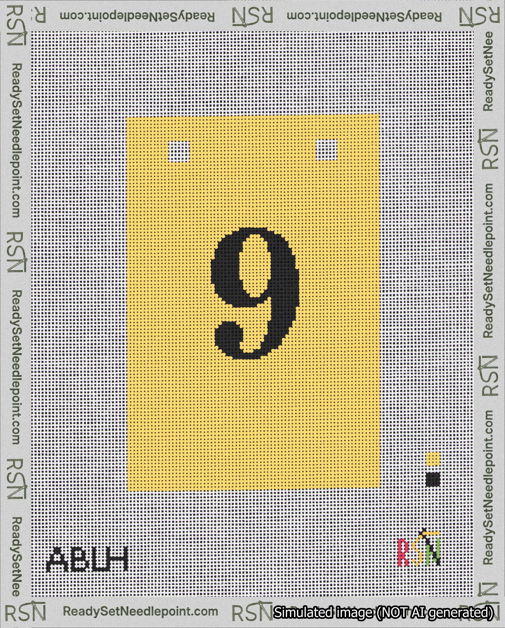 A taped needlepoint canvas with the design: Banner 18 mesh count Squared 9 Black on Yellow.