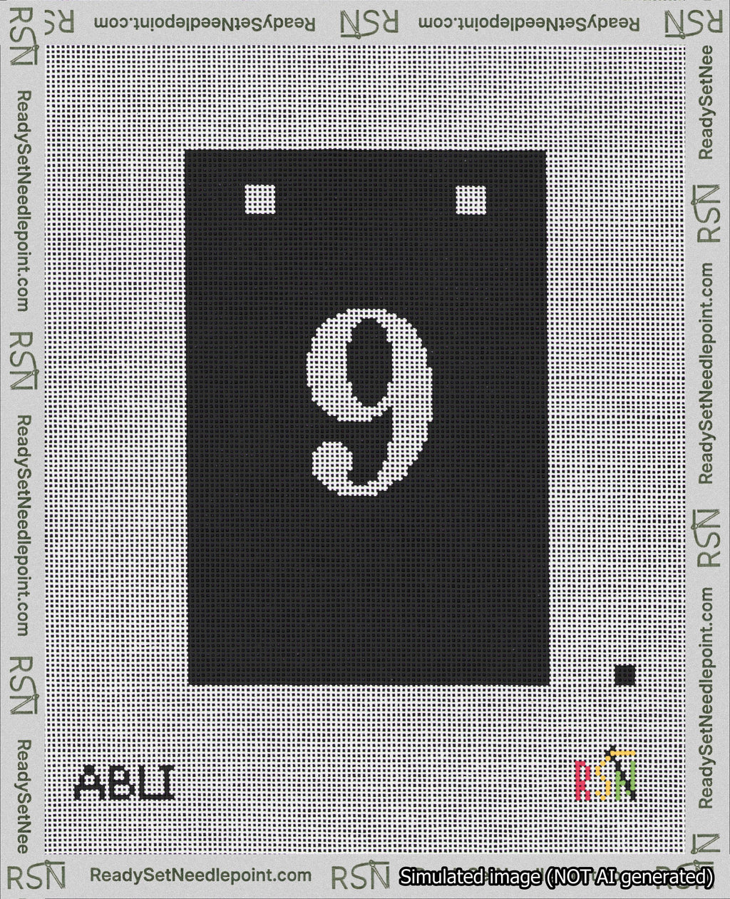 A taped needlepoint canvas with the design: Banner 18 mesh count Squared 9 White on Black.