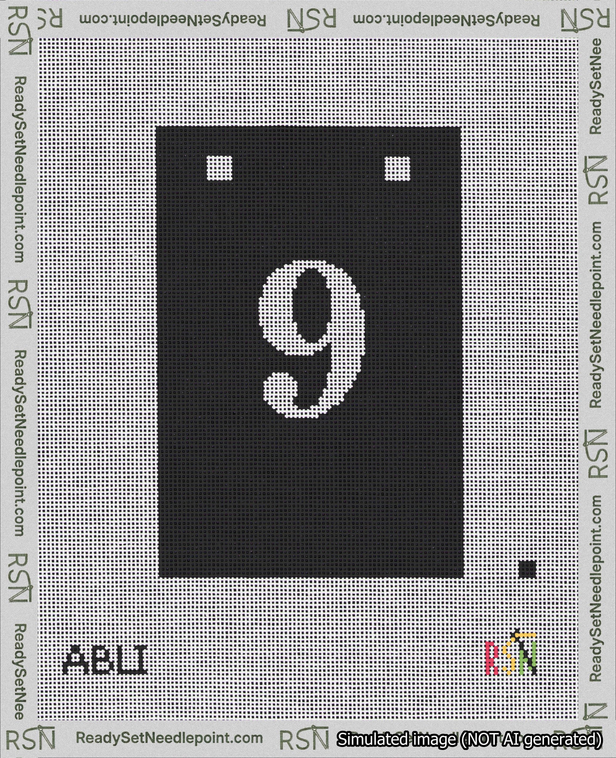 A taped needlepoint canvas with the design: Banner 18 mesh count Squared 9 White on Black.