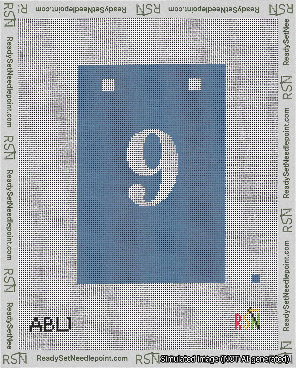 A taped needlepoint canvas with the design: Banner 18 mesh count Squared 9 White on Blue.