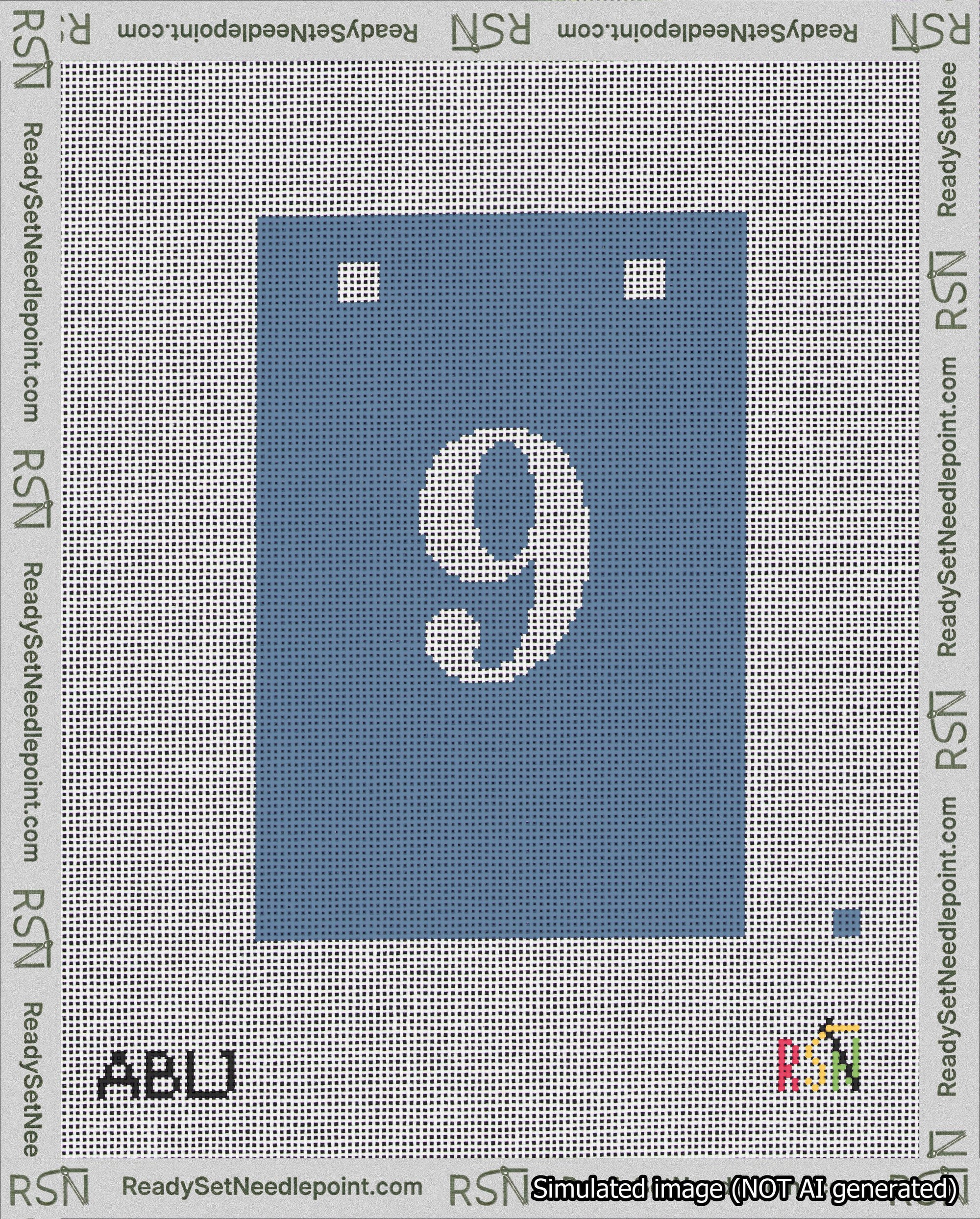 A taped needlepoint canvas with the design: Banner 18 mesh count Squared 9 White on Blue.