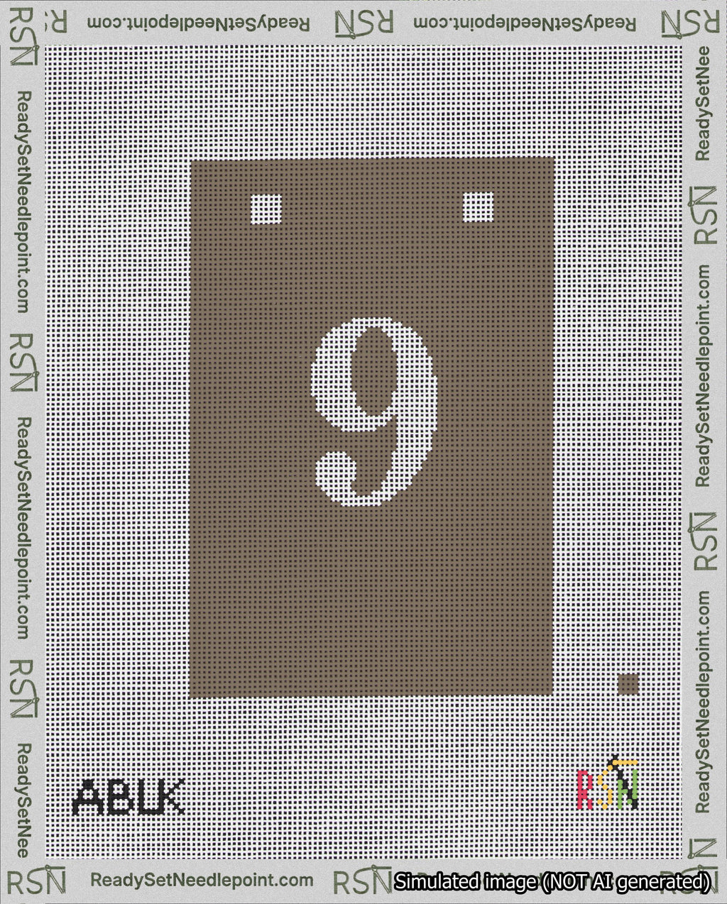 A taped needlepoint canvas with the design: Banner 18 mesh count Squared 9 White on Brown.