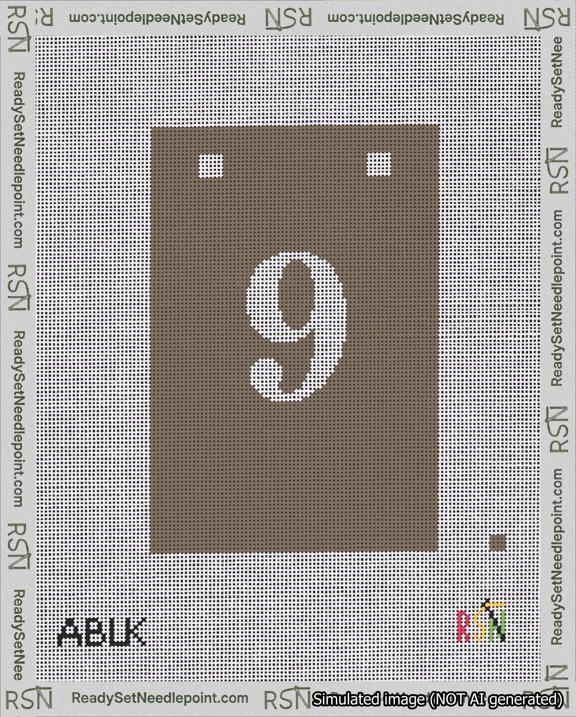 A taped needlepoint canvas with the design: Banner 18 mesh count Squared 9 White on Brown.