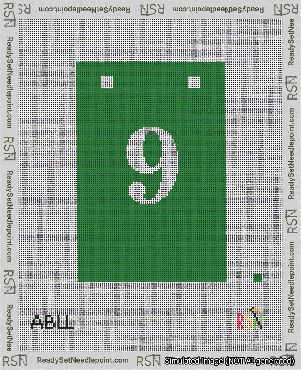 A taped needlepoint canvas with the design: Banner 18 mesh count Squared 9 White on Green.