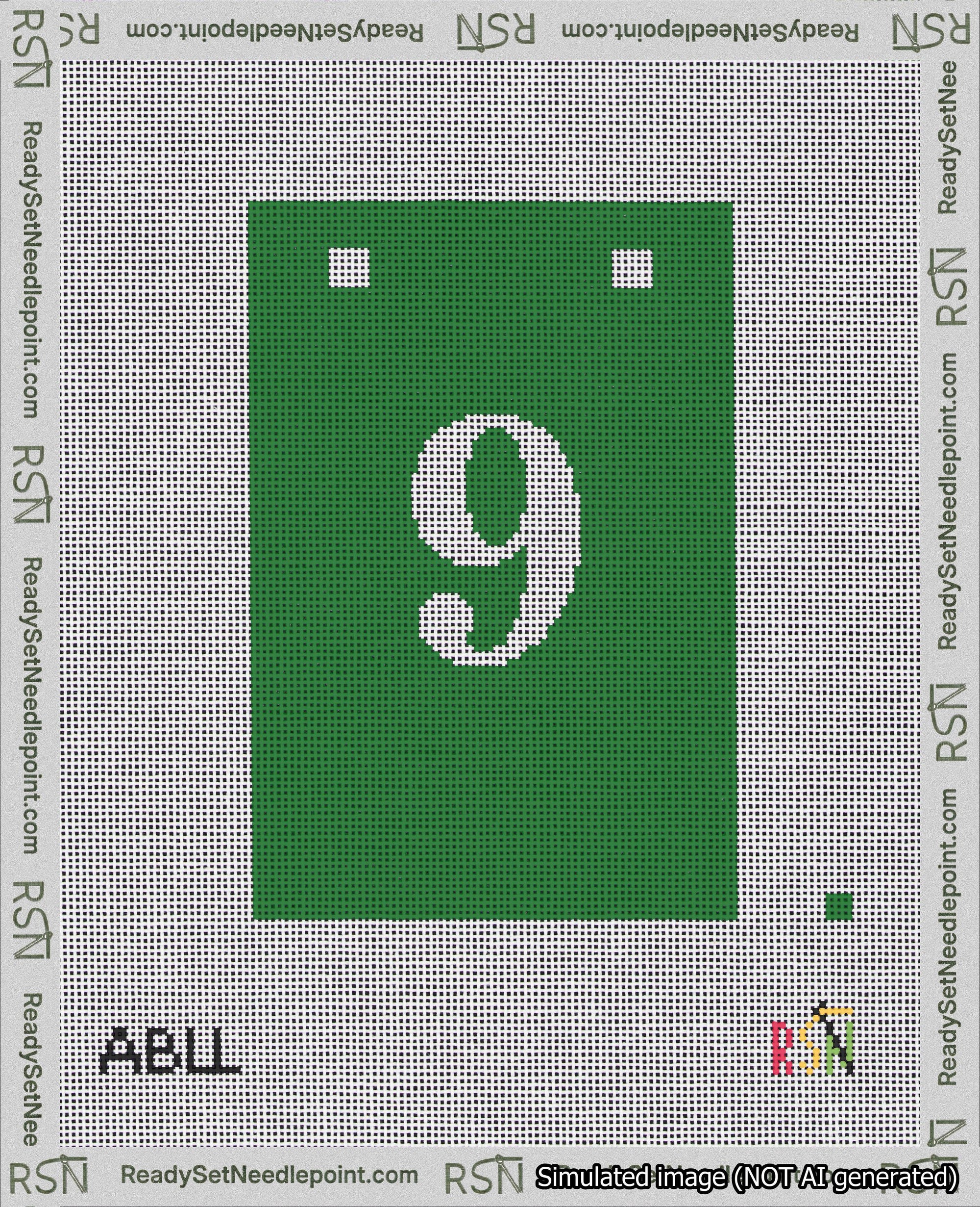 A taped needlepoint canvas with the design: Banner 18 mesh count Squared 9 White on Green.