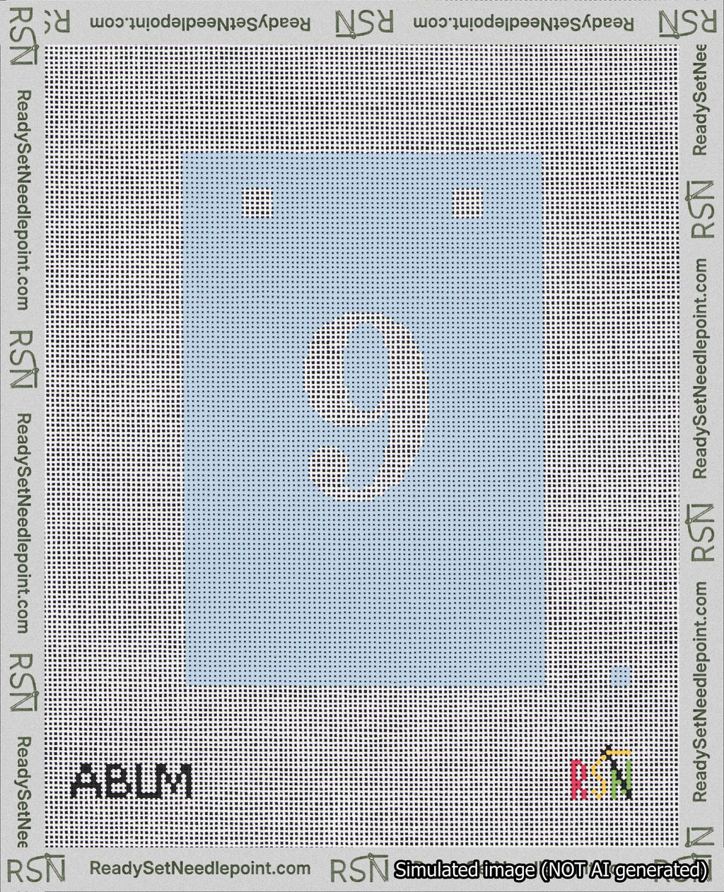 A taped needlepoint canvas with the design: Banner 18 mesh count Squared 9 White on Light Blue.