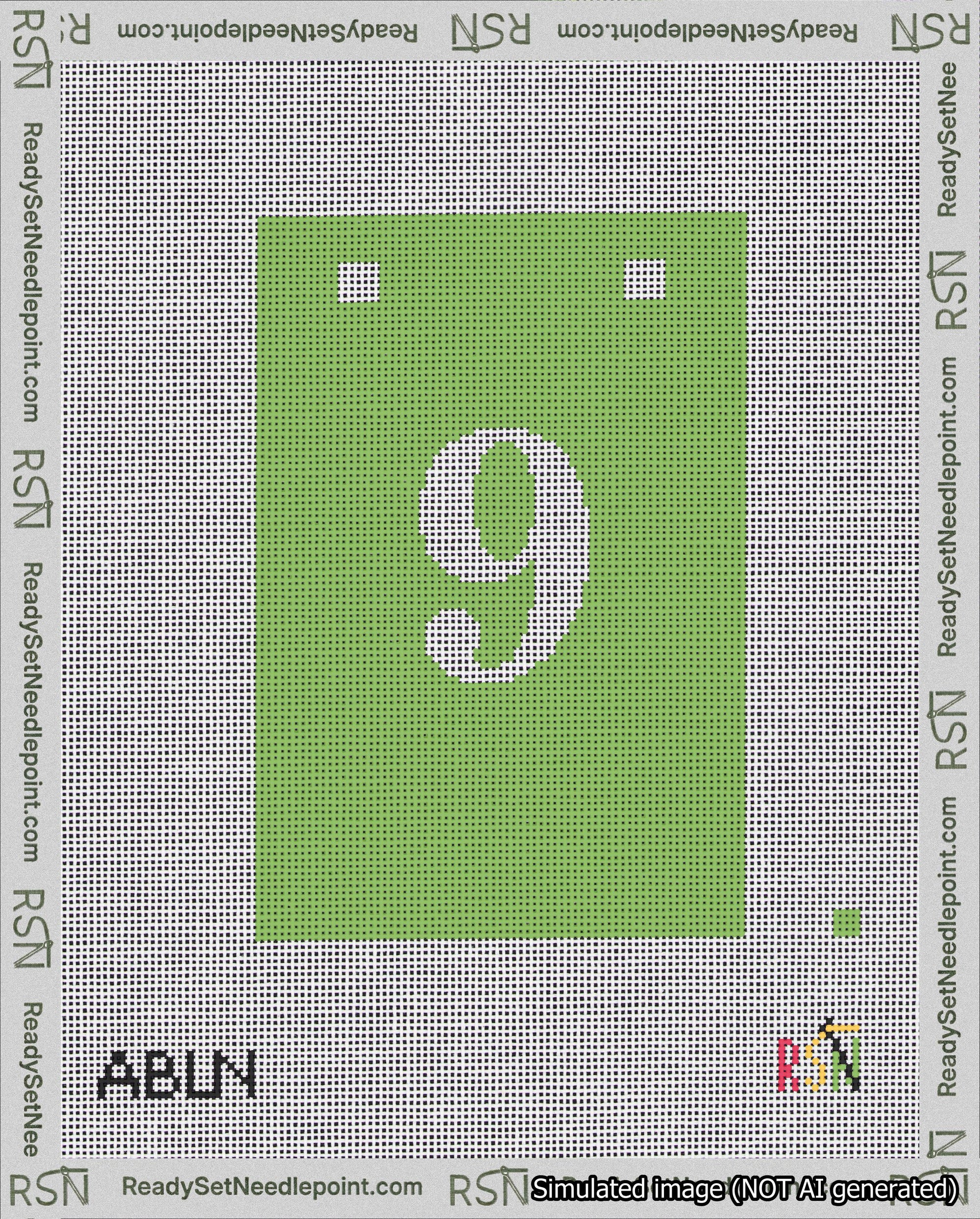 A taped needlepoint canvas with the design: Banner 18 mesh count Squared 9 White on Light Green.