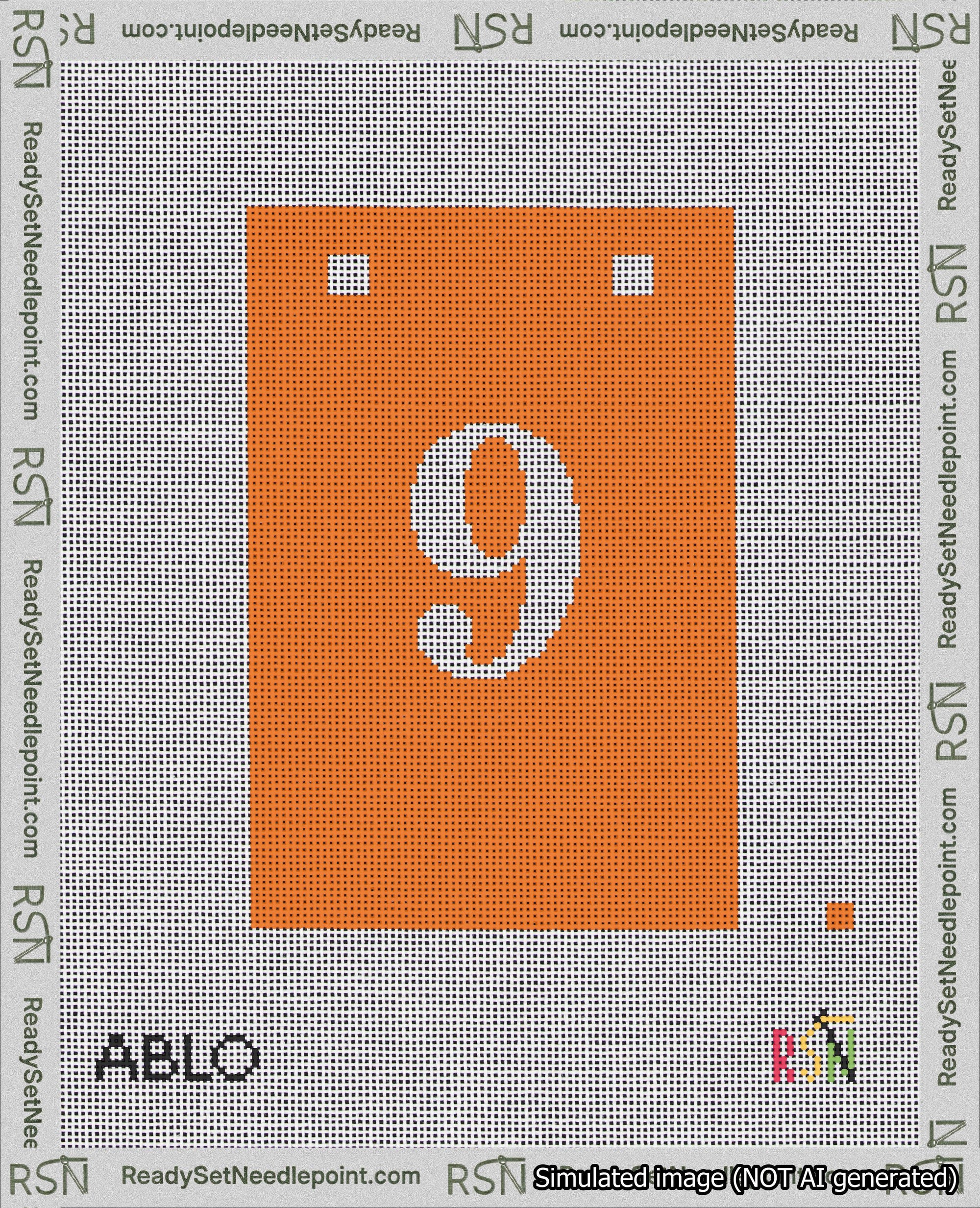 A taped needlepoint canvas with the design: Banner 18 mesh count Squared 9 White on Orange.