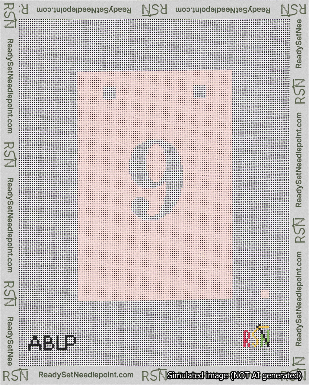 A taped needlepoint canvas with the design: Banner 18 mesh count Squared 9 White on Pink.