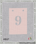 A taped needlepoint canvas with the design: Banner 18 mesh count Squared 9 White on Pink.