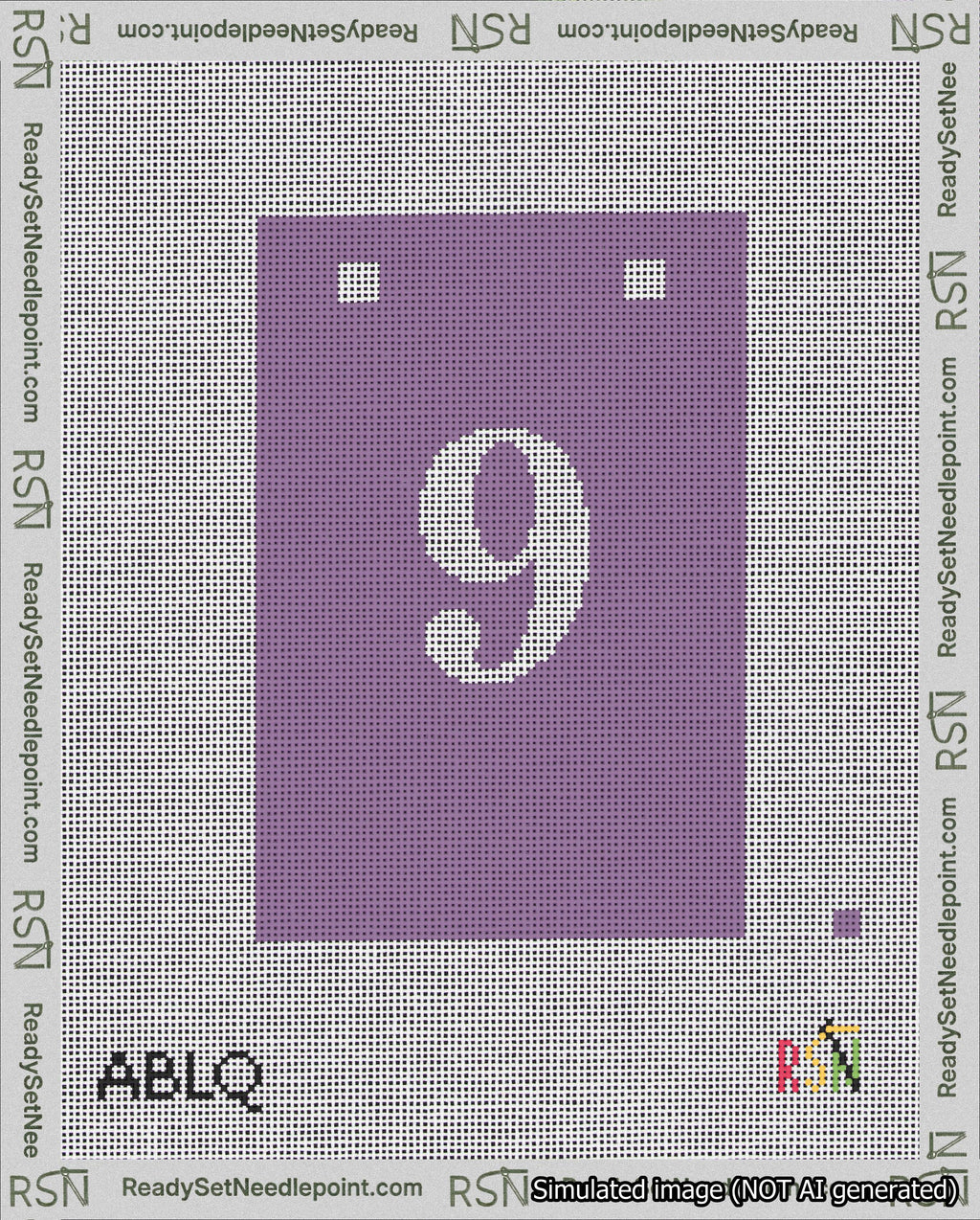 A taped needlepoint canvas with the design: Banner 18 mesh count Squared 9 White on Purple.