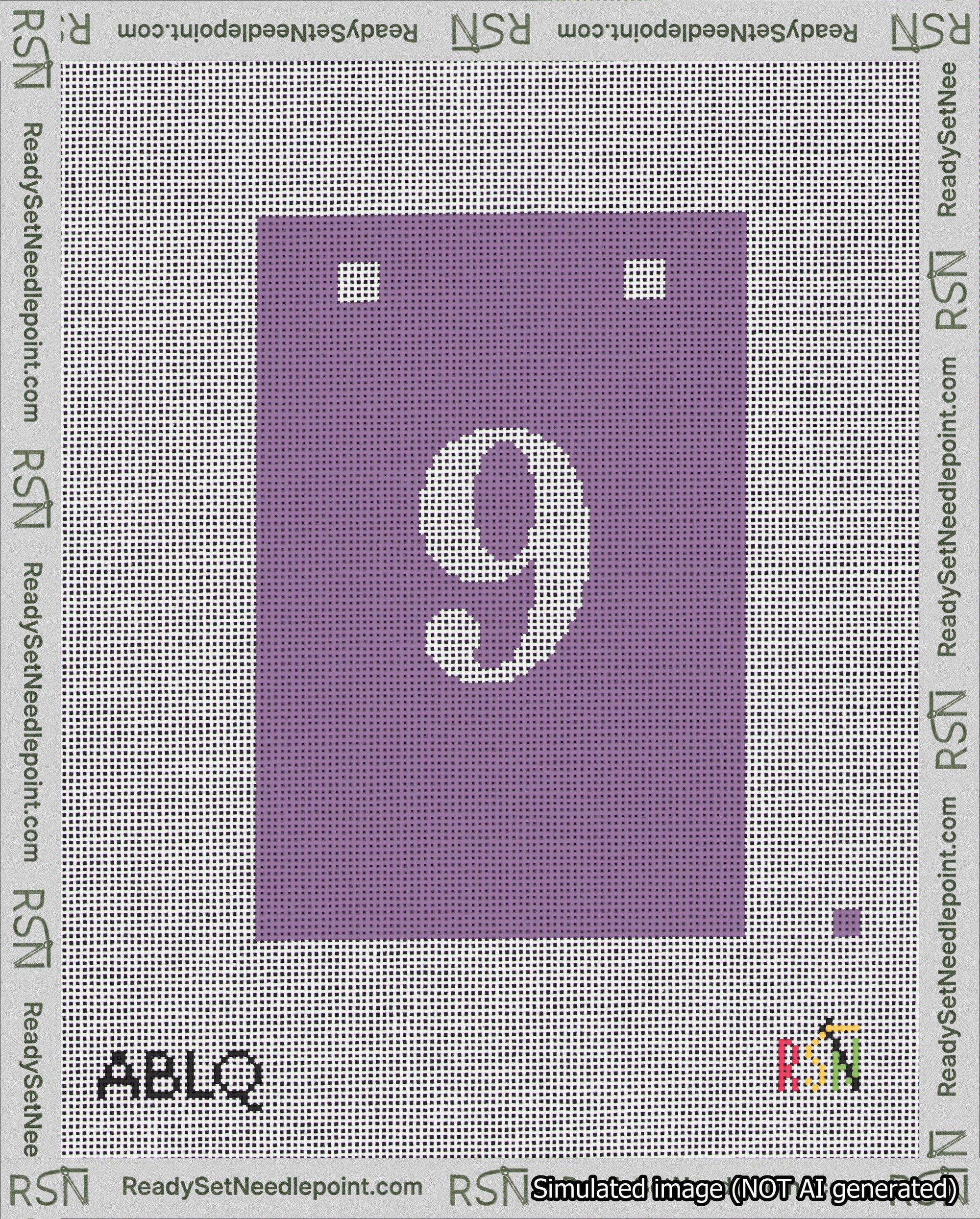 A taped needlepoint canvas with the design: Banner 18 mesh count Squared 9 White on Purple.