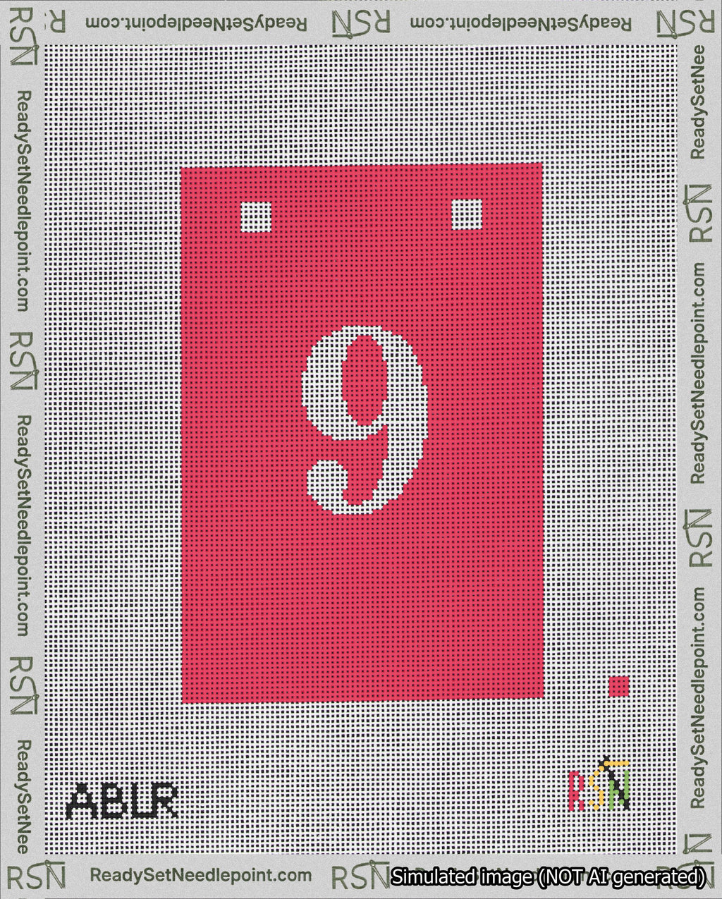 A taped needlepoint canvas with the design: Banner 18 mesh count Squared 9 White on Red.
