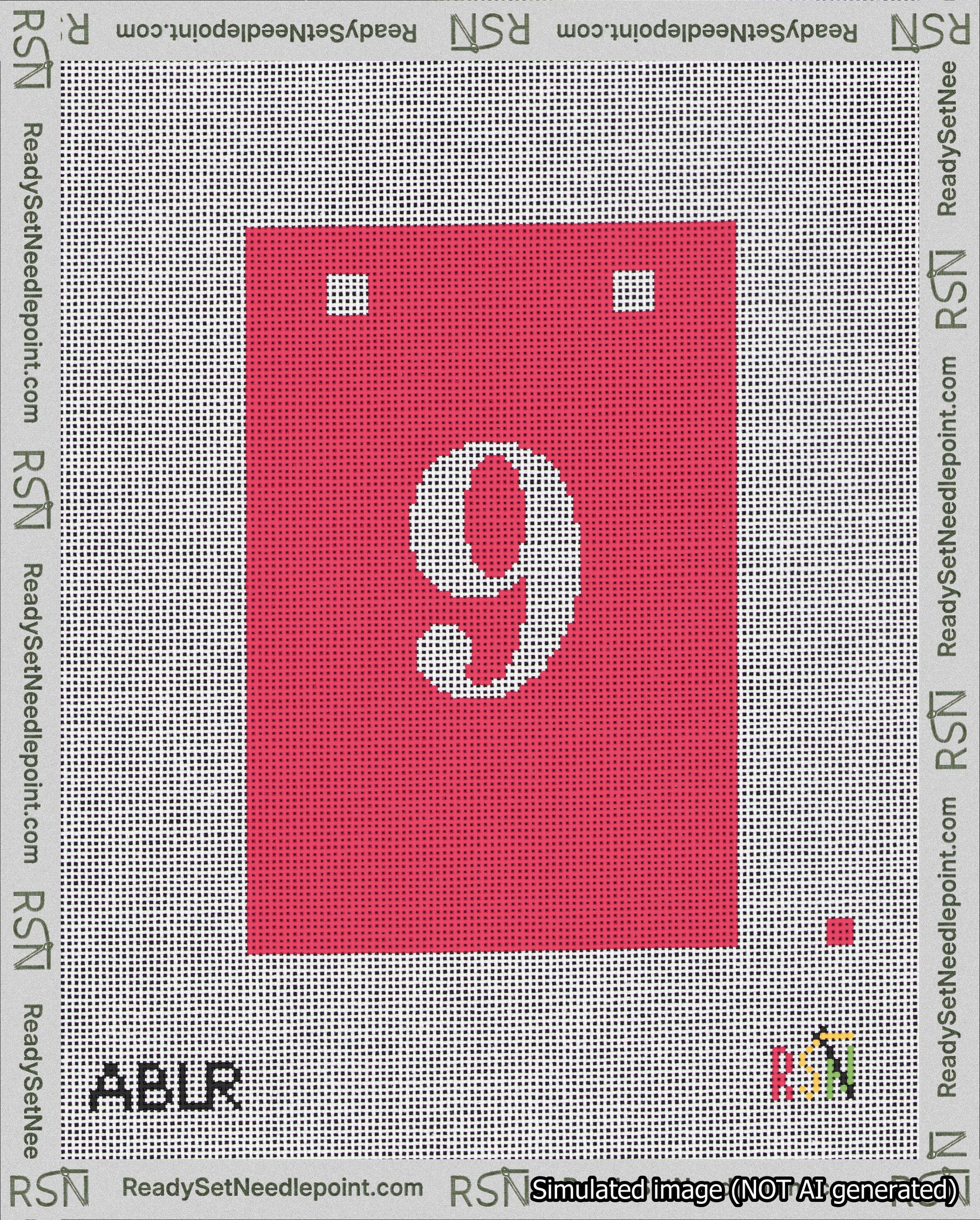 A taped needlepoint canvas with the design: Banner 18 mesh count Squared 9 White on Red.