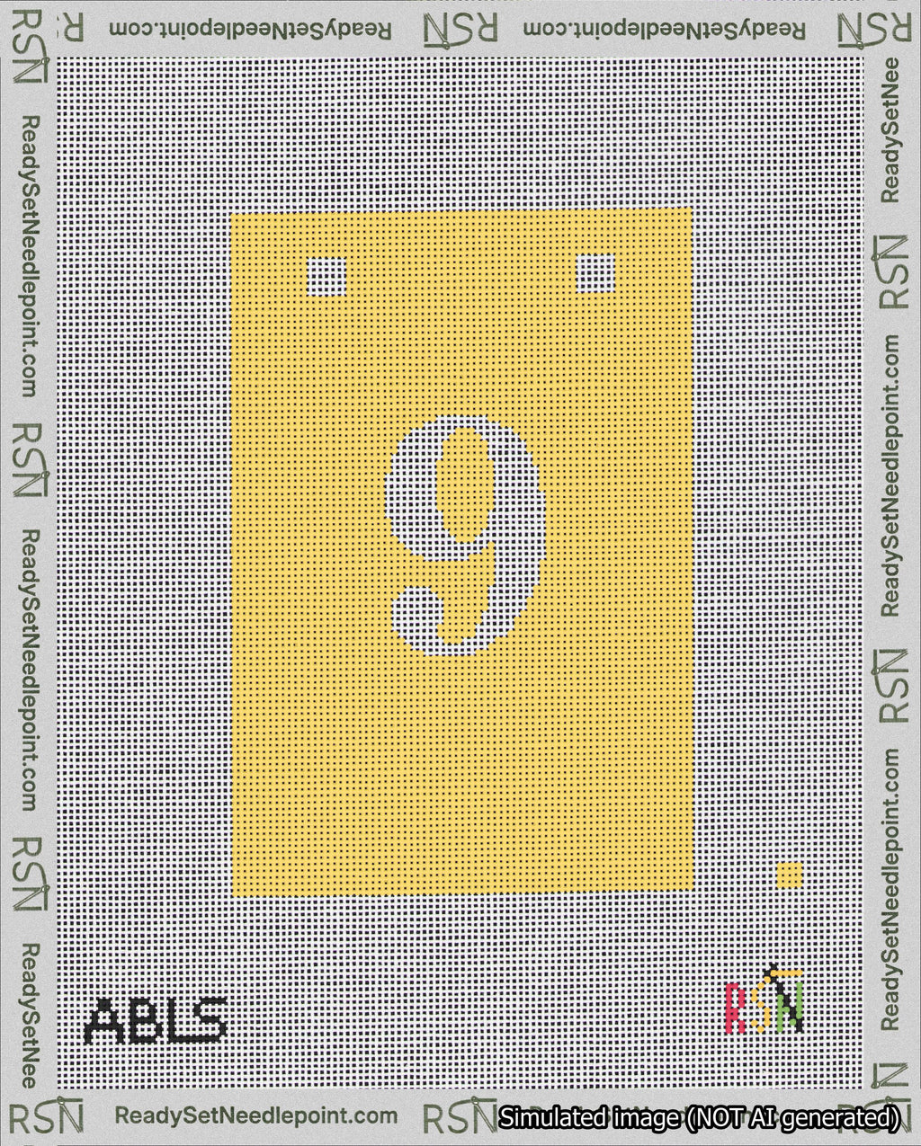 A taped needlepoint canvas with the design: Banner 18 mesh count Squared 9 White on Yellow.