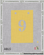 A taped needlepoint canvas with the design: Banner 18 mesh count Squared 9 White on Yellow.