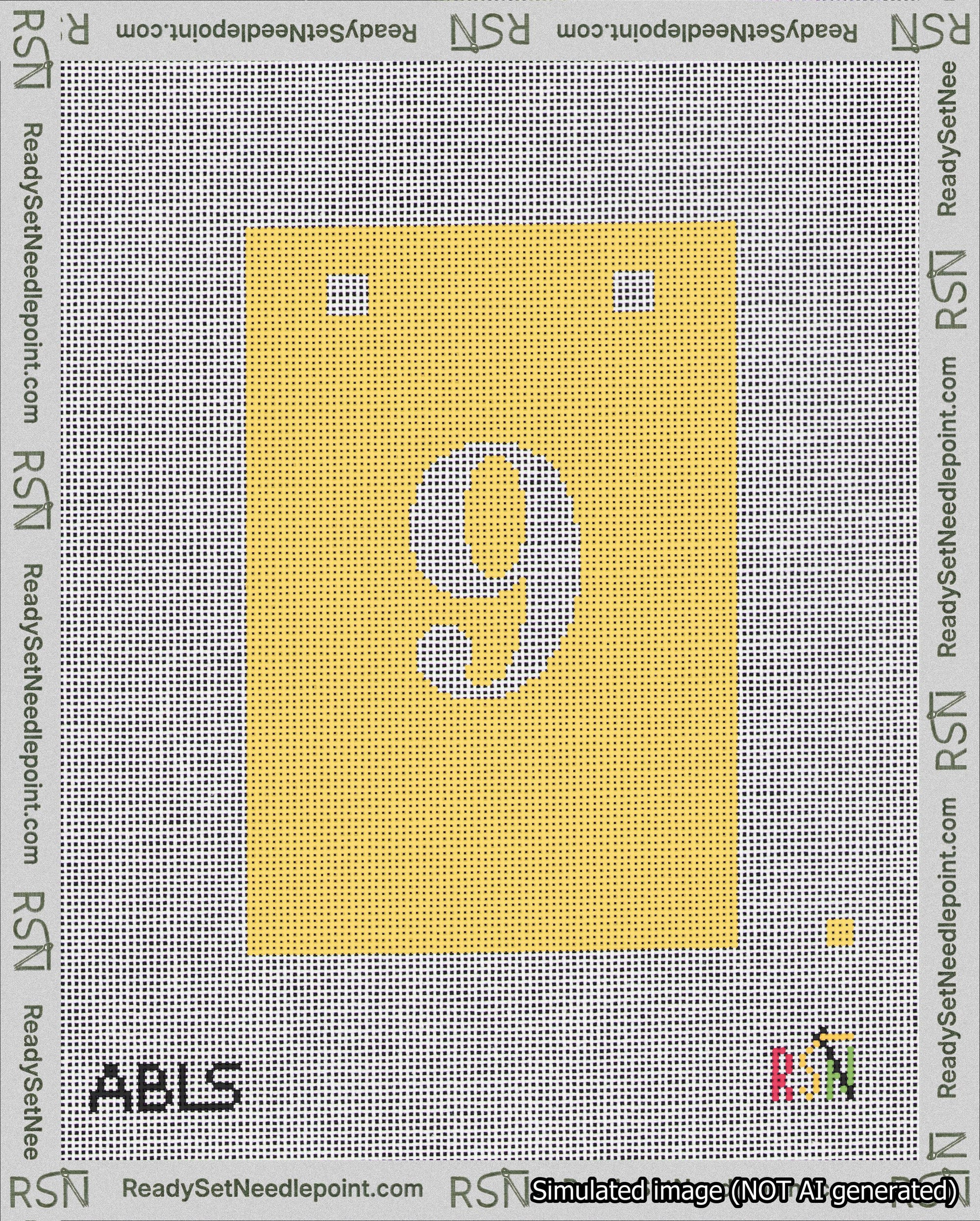 A taped needlepoint canvas with the design: Banner 18 mesh count Squared 9 White on Yellow.