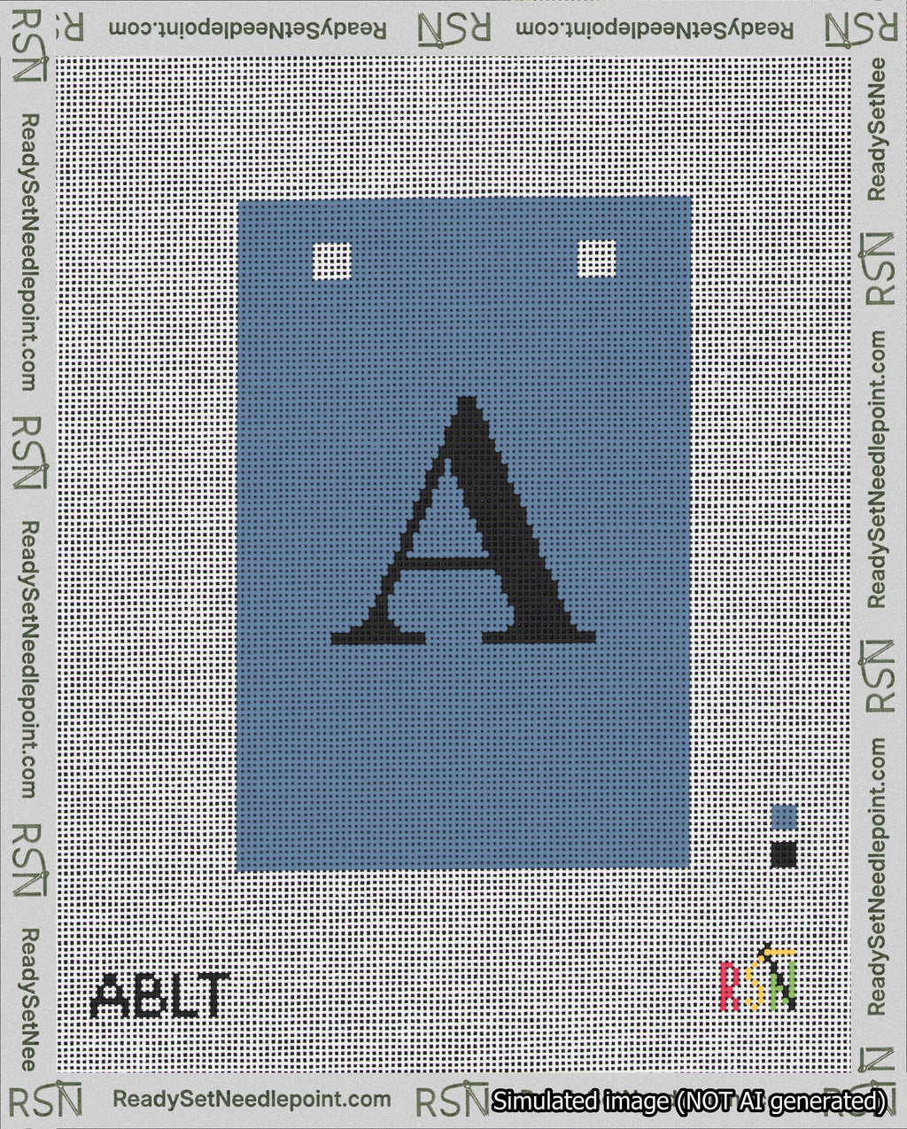 A taped needlepoint canvas with the design: Banner 18 mesh count Squared A Black on Blue.
