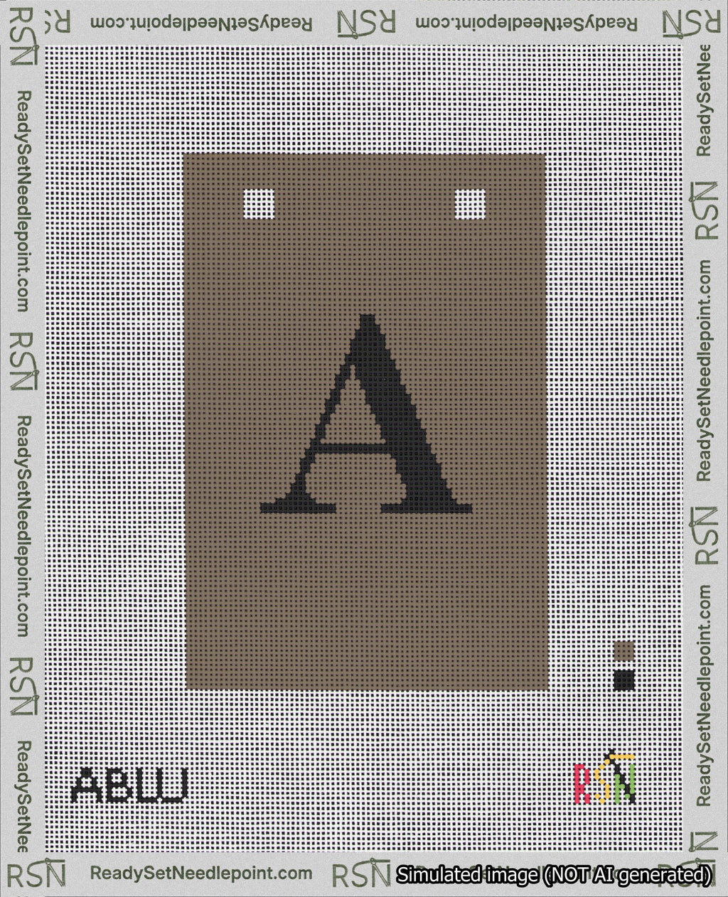 A taped needlepoint canvas with the design: Banner 18 mesh count Squared A Black on Brown.