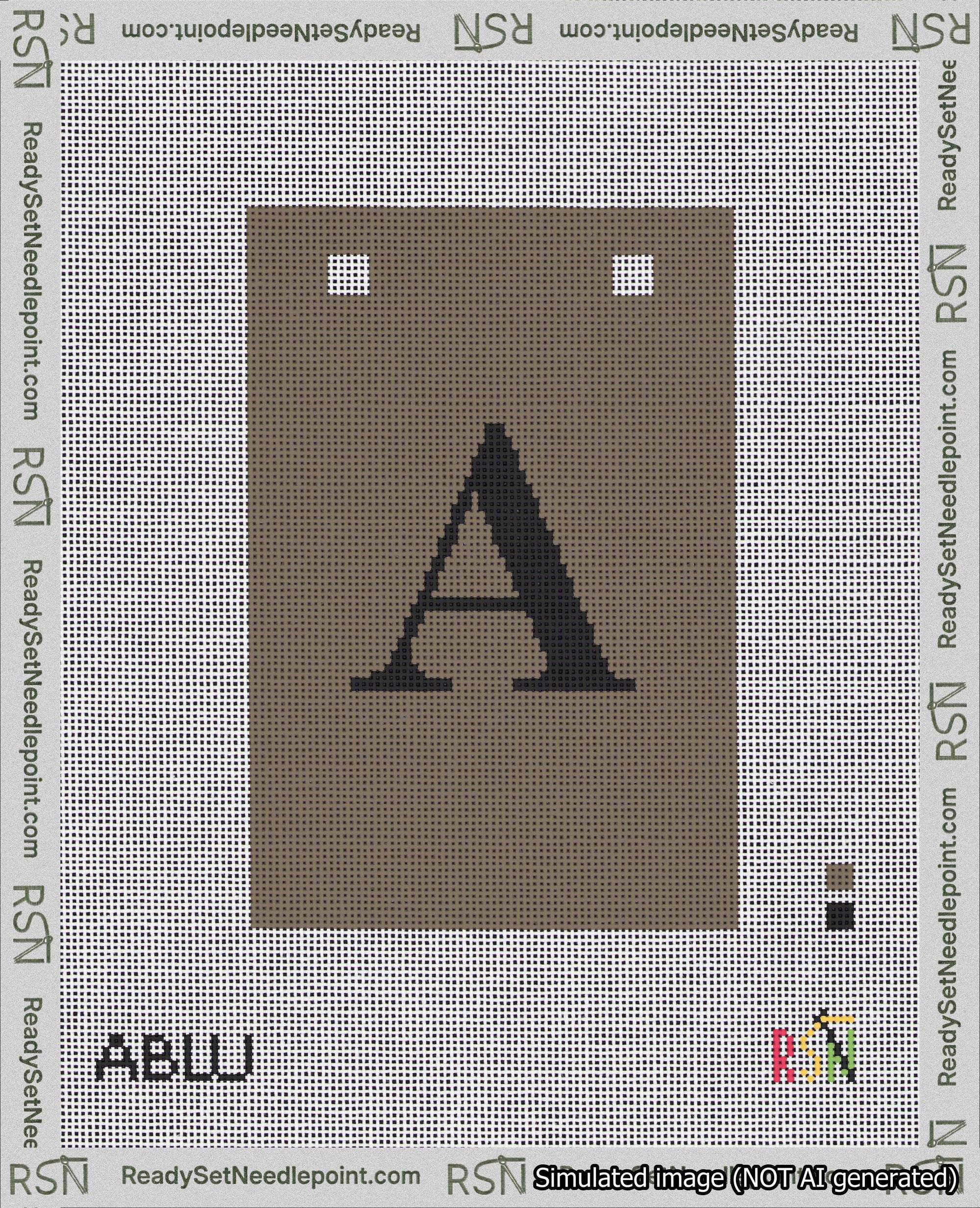A taped needlepoint canvas with the design: Banner 18 mesh count Squared A Black on Brown.