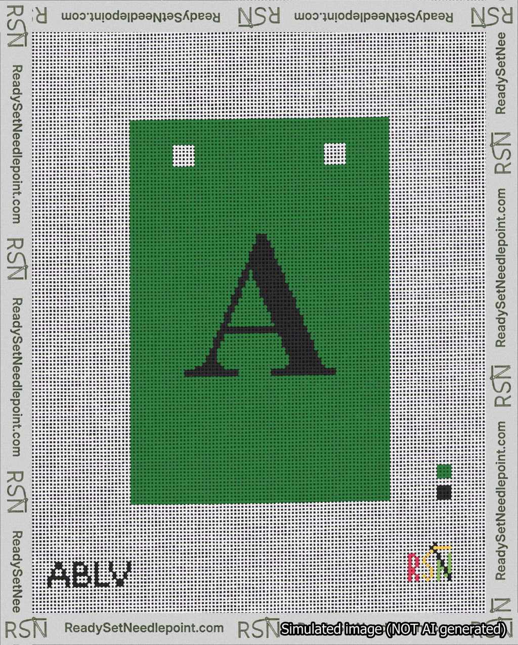 A taped needlepoint canvas with the design: Banner 18 mesh count Squared A Black on Green.