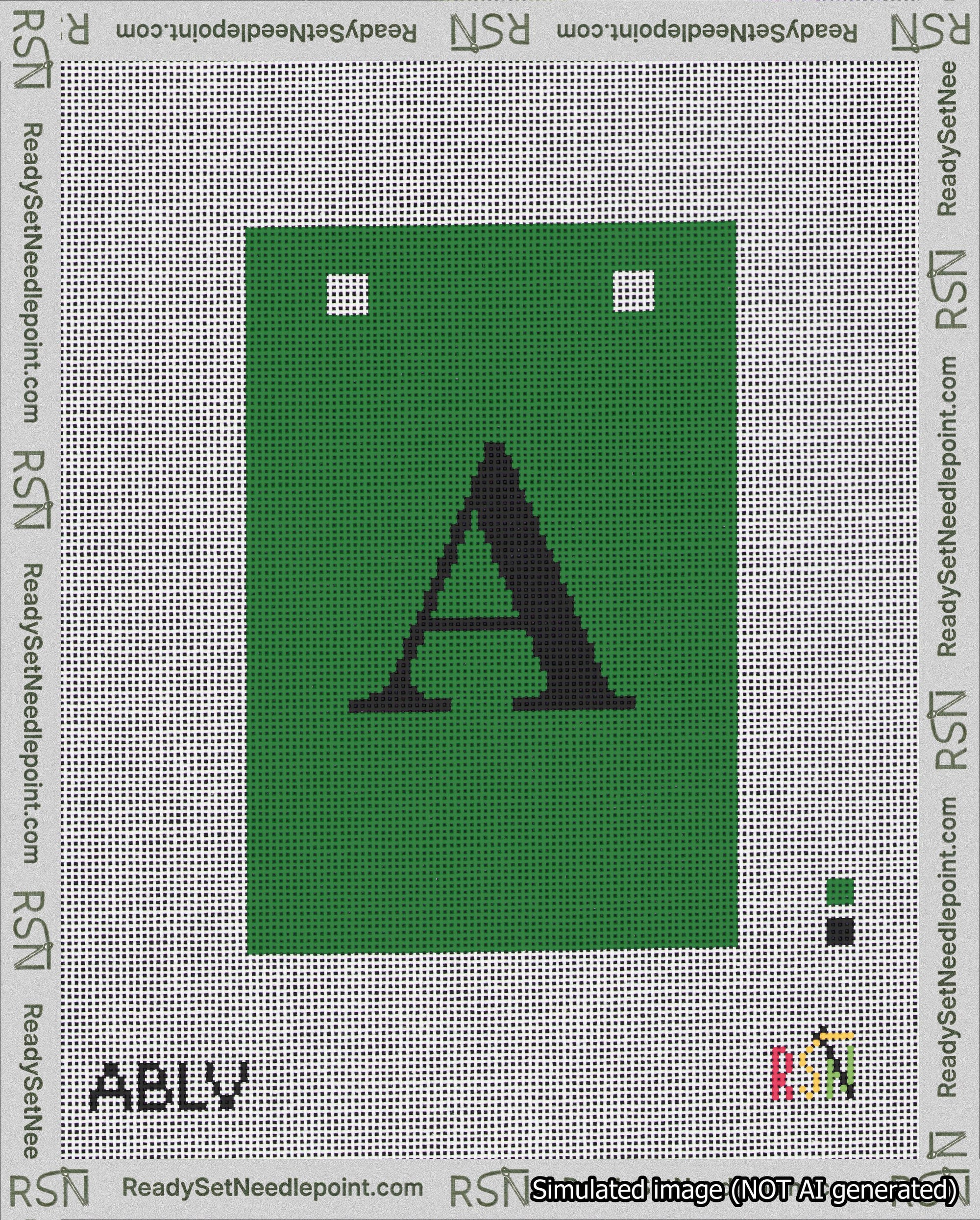 A taped needlepoint canvas with the design: Banner 18 mesh count Squared A Black on Green.