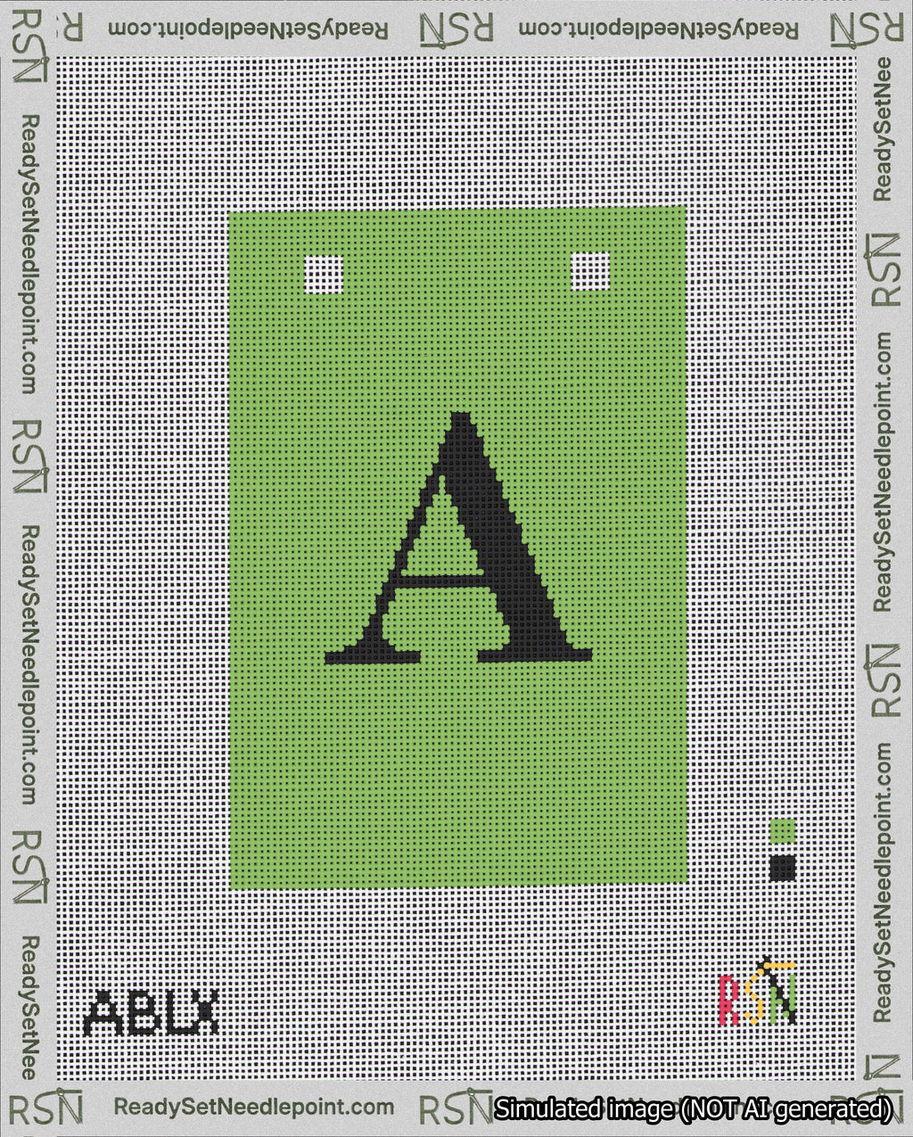 A taped needlepoint canvas with the design: Banner 18 mesh count Squared A Black on Light Green.
