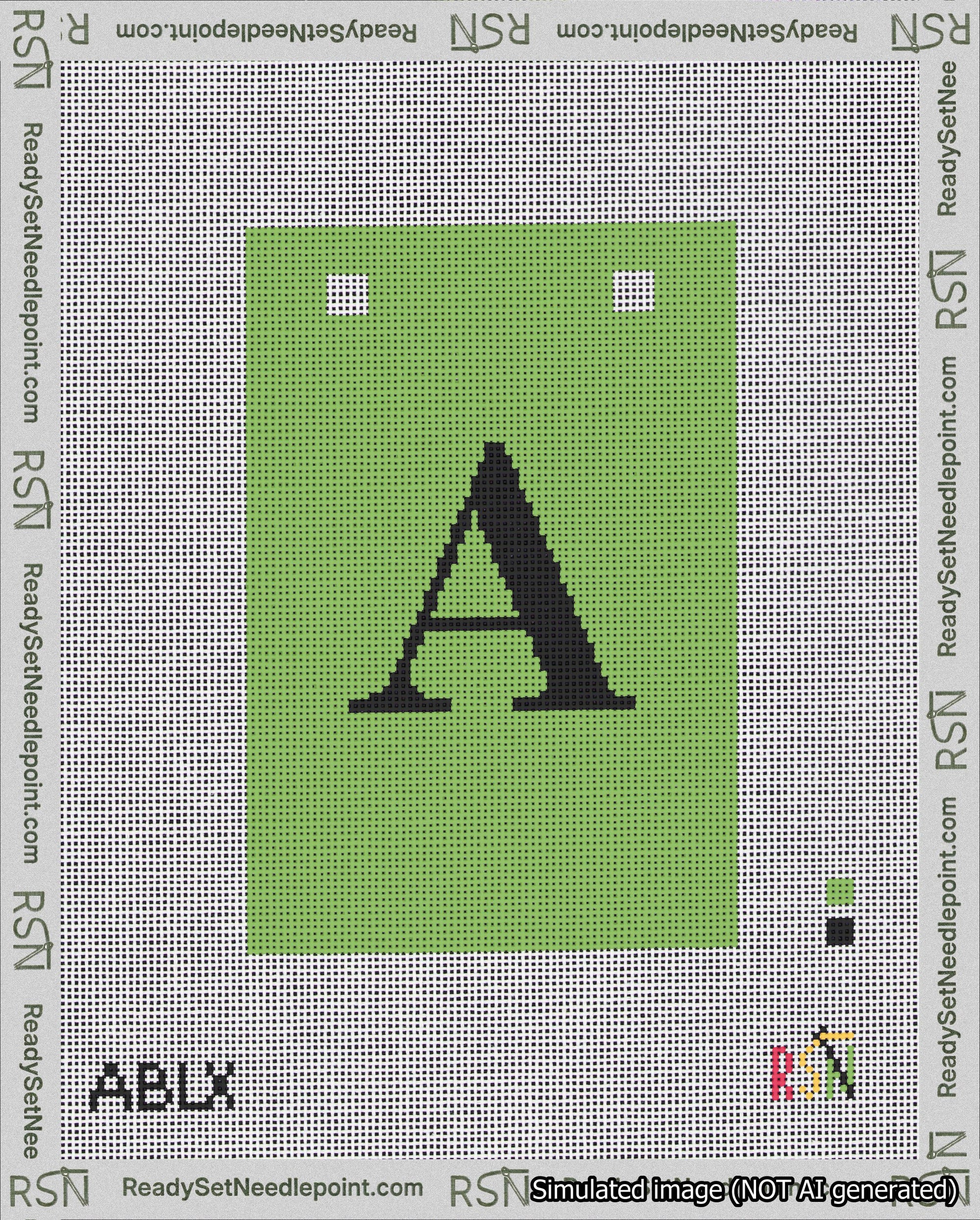 A taped needlepoint canvas with the design: Banner 18 mesh count Squared A Black on Light Green.
